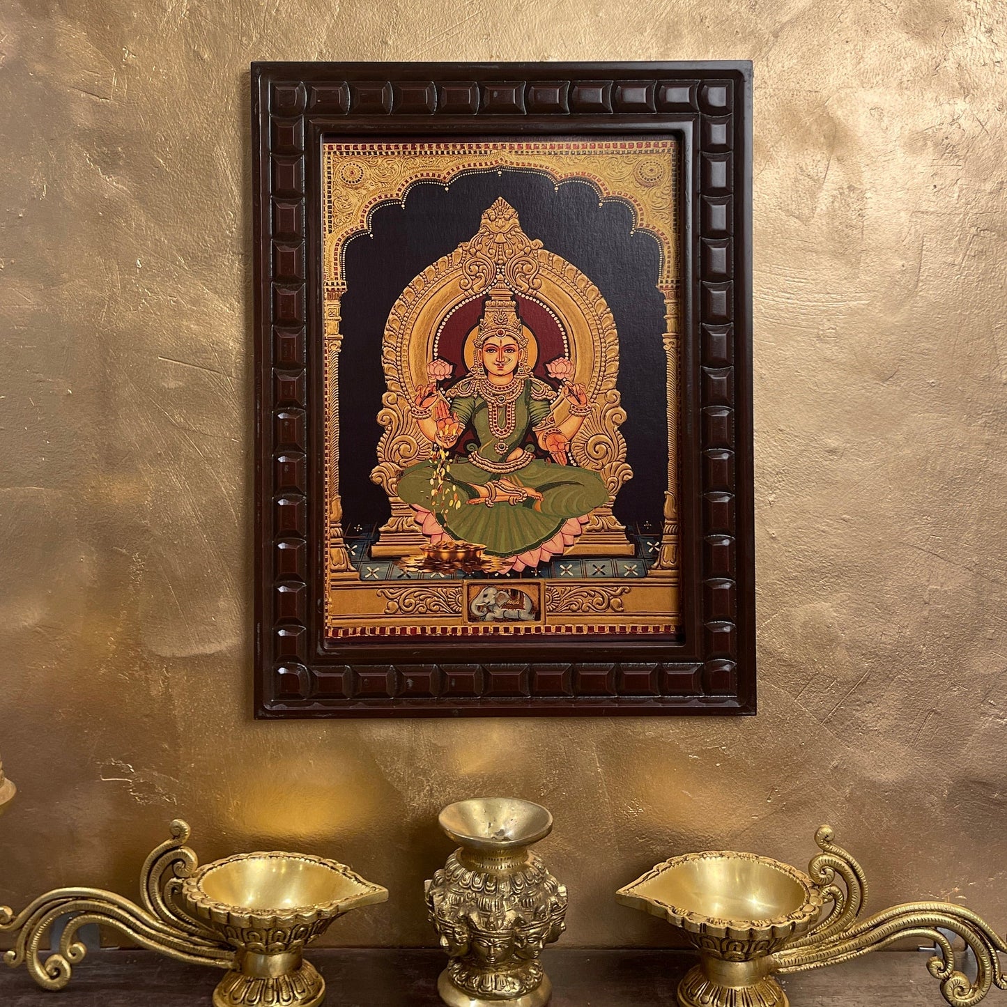 Shree Lakshmi Green Saree Gold Leafed Art With Wooden Frame