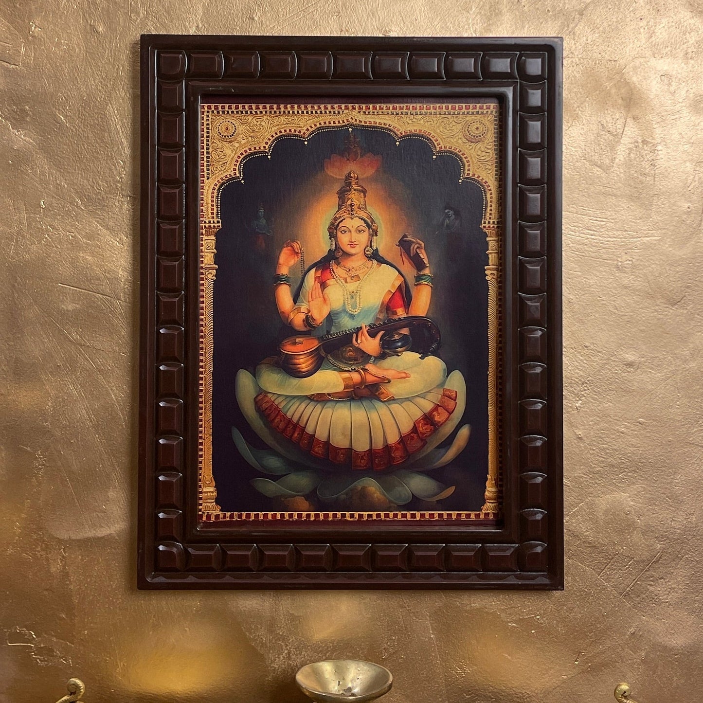 Saraswati White & Red Saree Gold Leafed Art With Wooden Frame