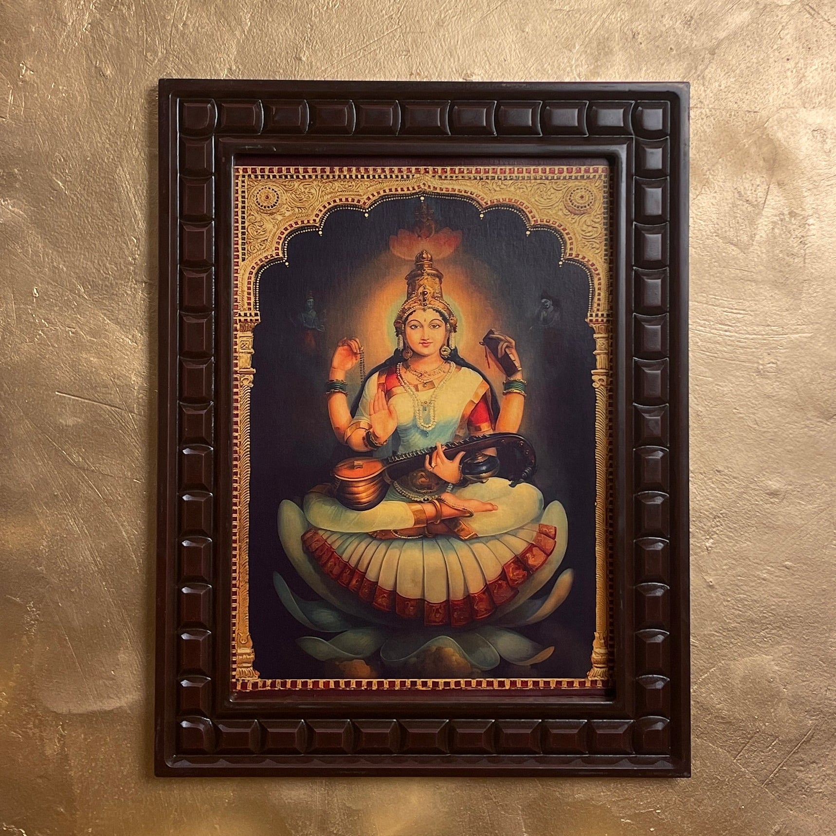 Saraswati (White & Red Saree) Gold Leafed Artwork with Polished Engineered Wooden Frame