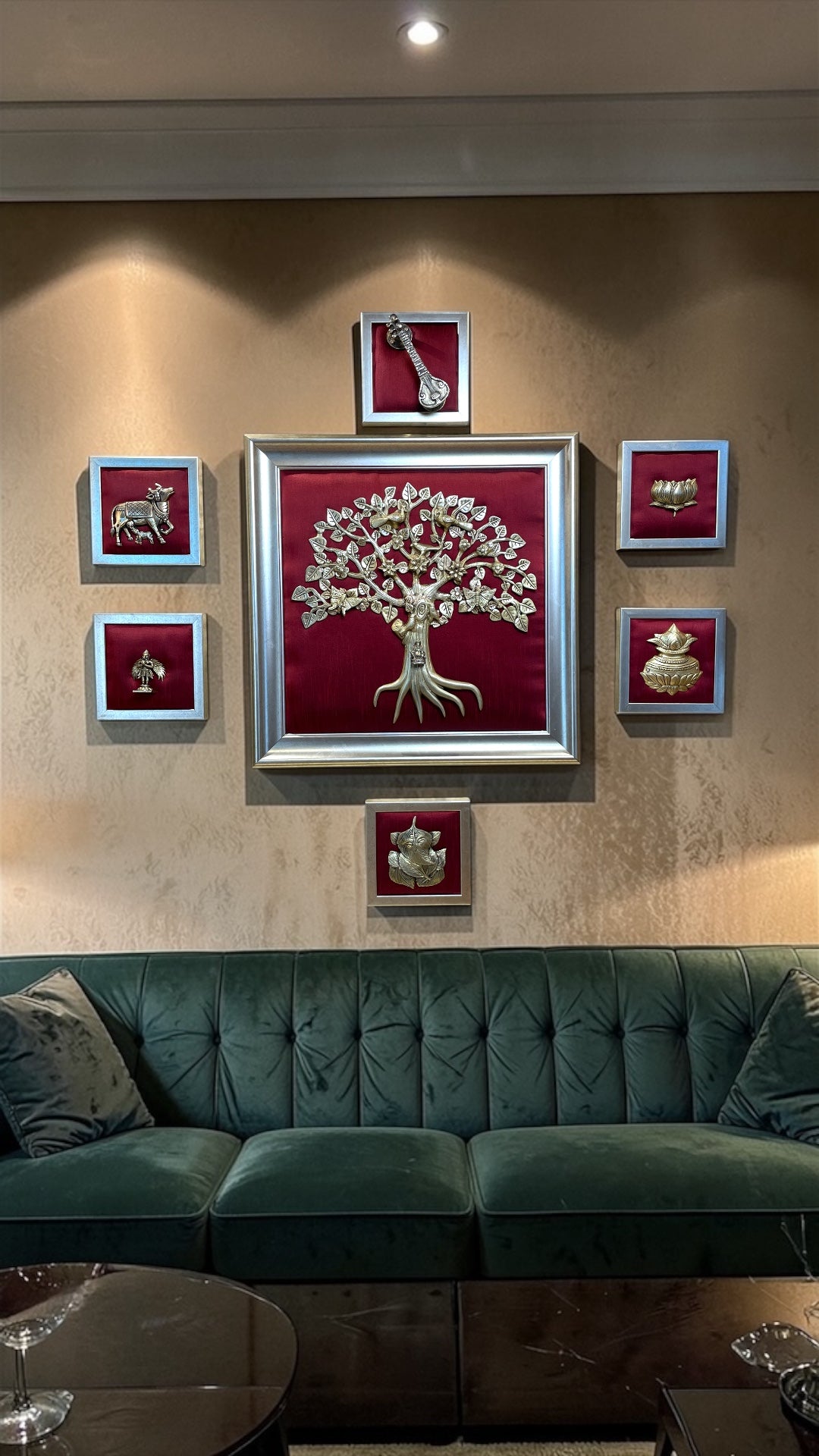 Brass Kalpavriksha Wall Art Set on Red Silk Backdrop.