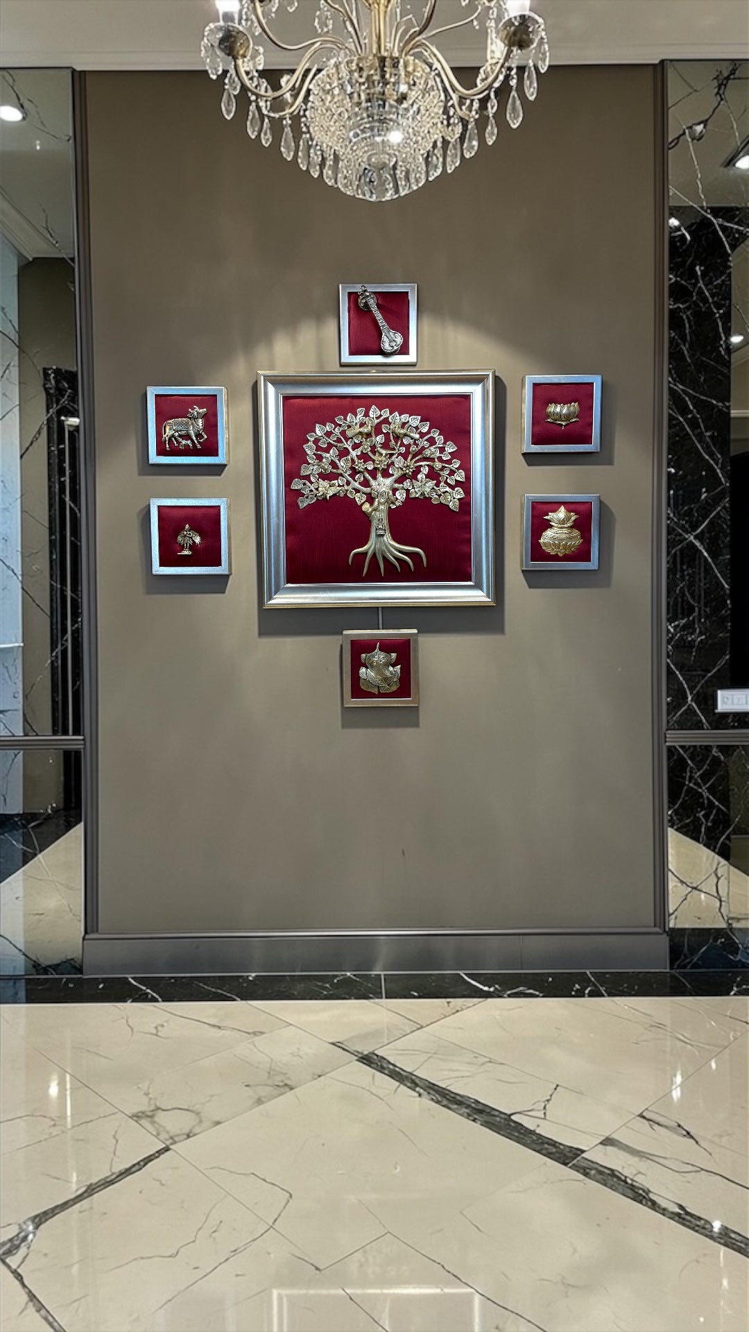 Brass Kalpavriksha Wall Art Set on Red Silk Backdrop.