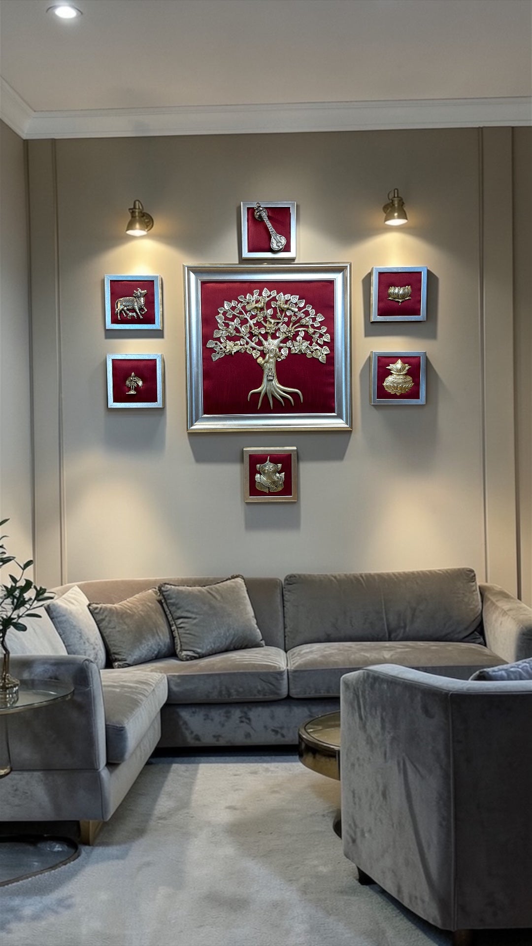 Brass Kalpavriksha Wall Art Set on Red Silk Backdrop.