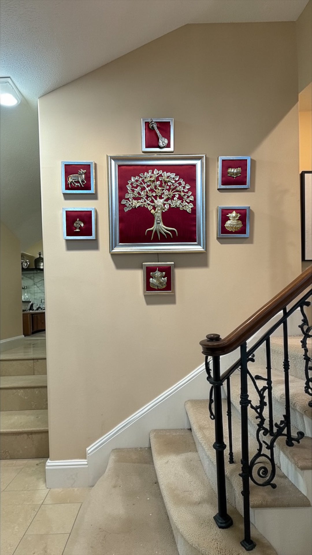 Brass Kalpavriksha Wall Art Set on Red Silk Backdrop.