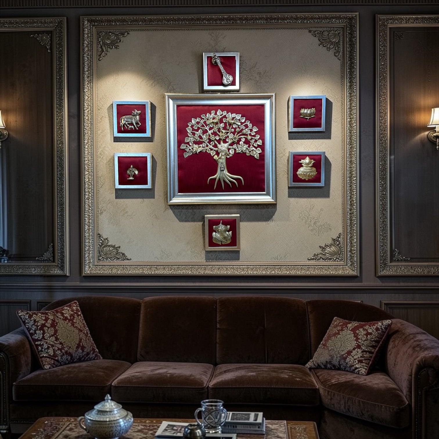 Brass Kalpavriksha Wall Art Set on Red Silk Backdrop.