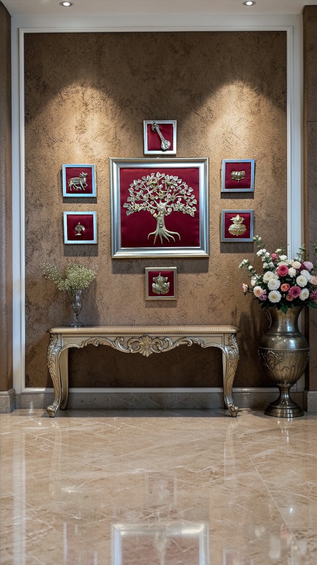 Brass Kalpavriksha Wall Art Set on Red Silk Backdrop.