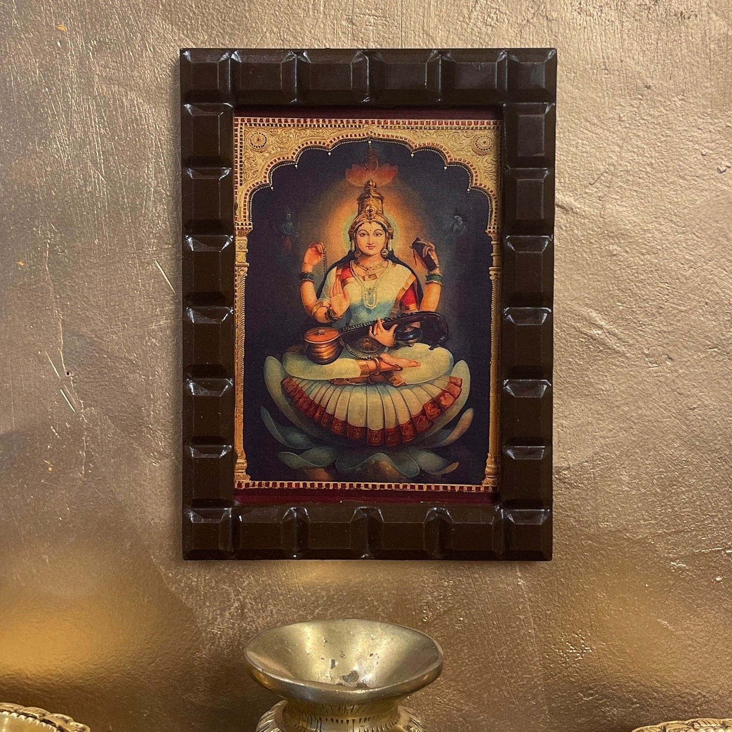 Saraswati White & Red Saree Gold Leafed Art With Wooden Frame