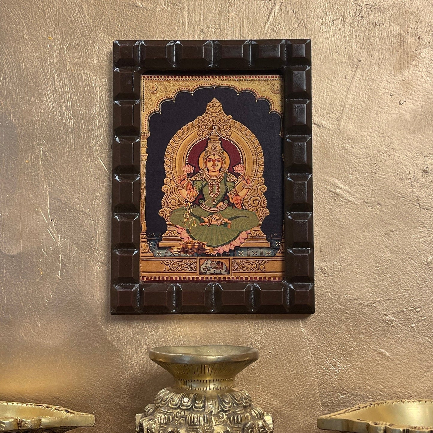 Shree Lakshmi Green Saree Gold Leafed Art With Wooden Frame