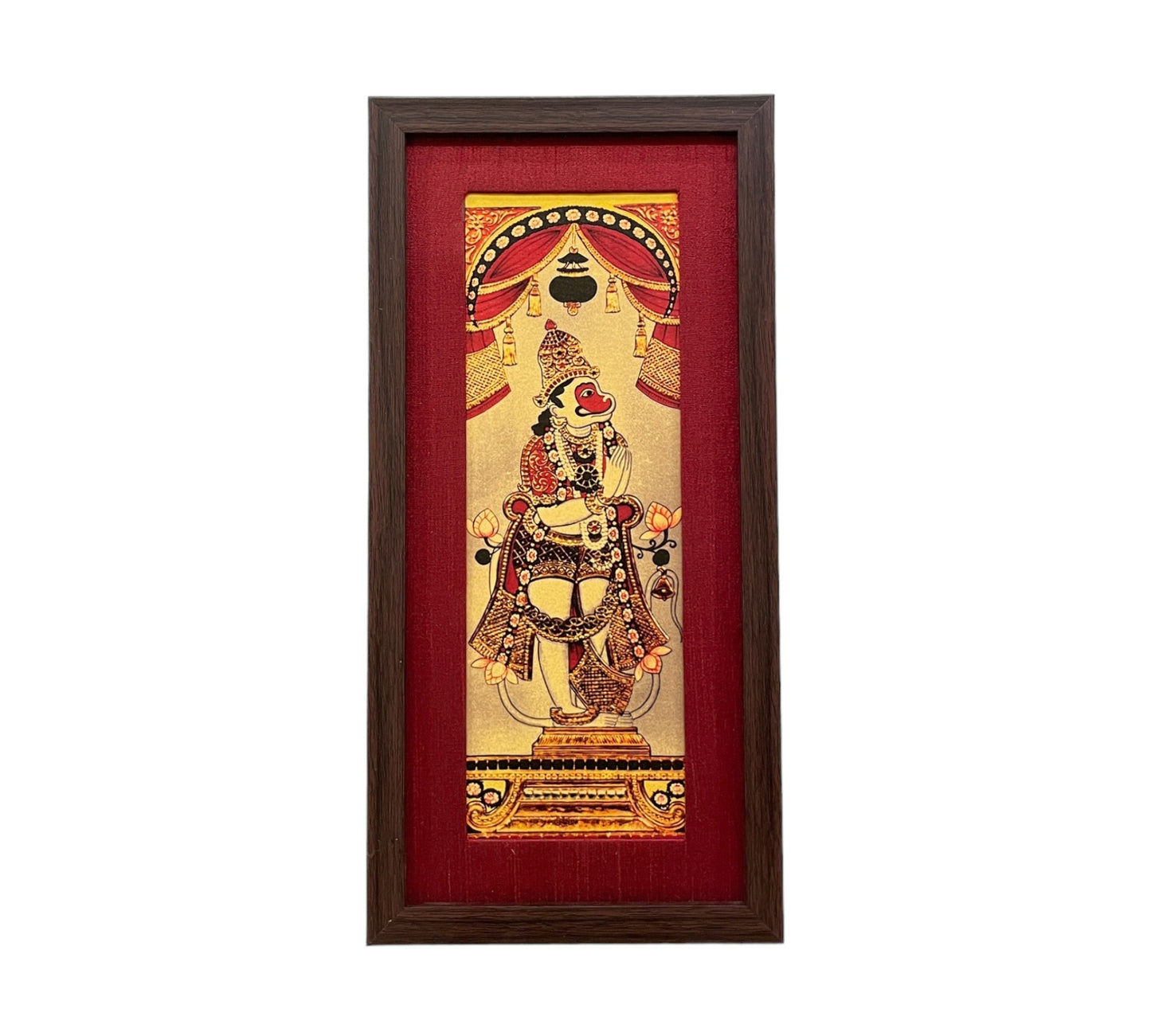 Harmony of Divinity: Lord Hanuman Artistry in Red Silk With Brown Frame