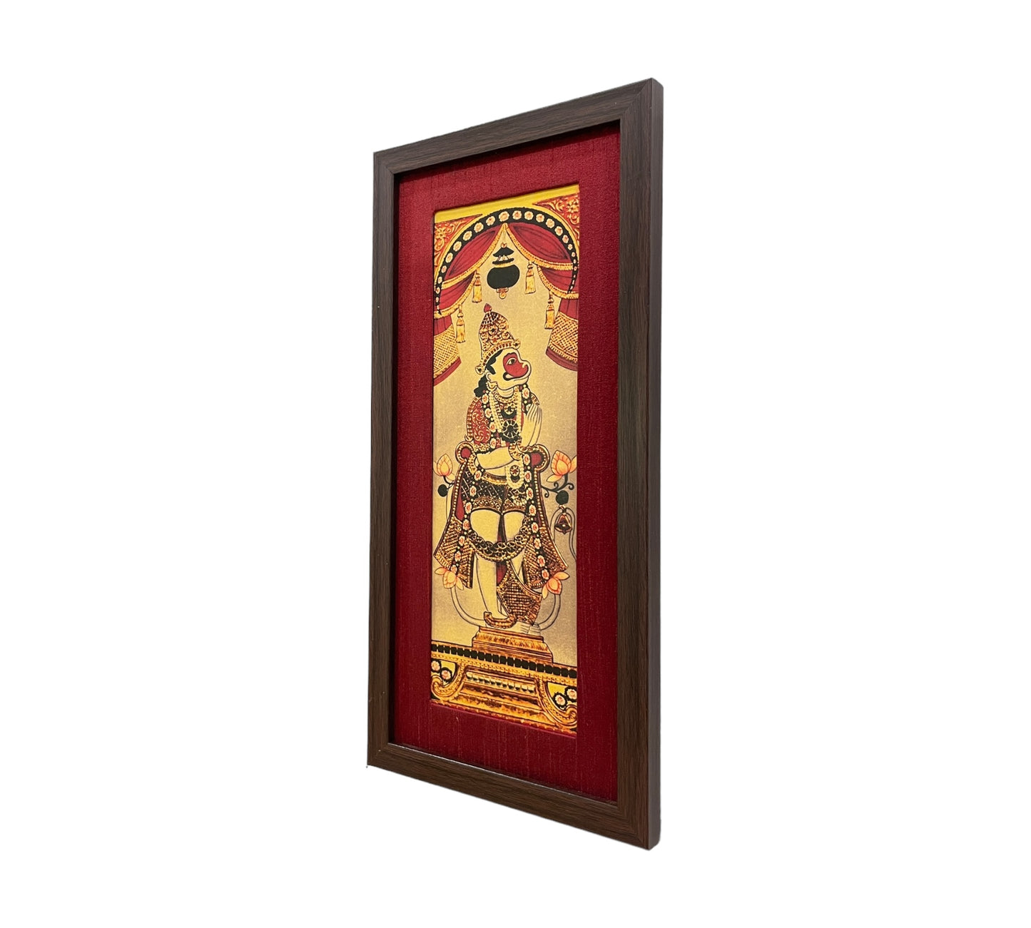 Harmony of Divinity: Lord Hanuman Artistry in Red Silk With Brown Frame