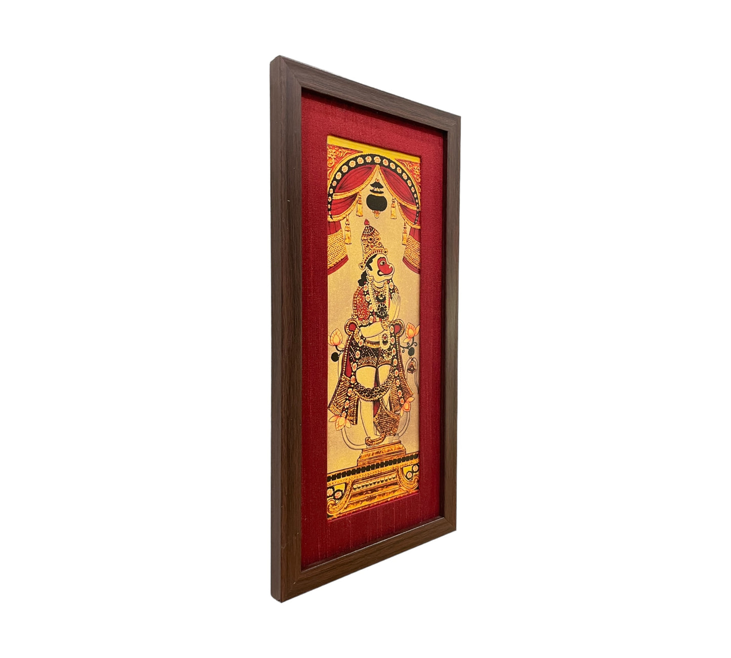 Harmony of Divinity: Lord Hanuman Artistry in Red Silk With Brown Frame