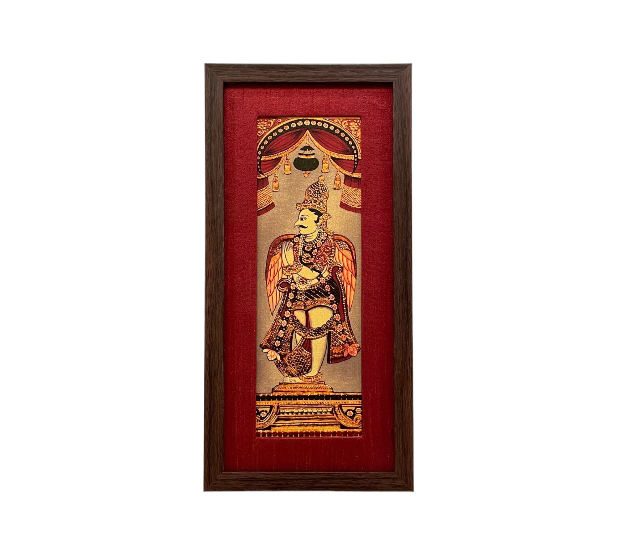 Divine Grace: God Garuda's Majestic Depiction in Red Silk With Brown Frame