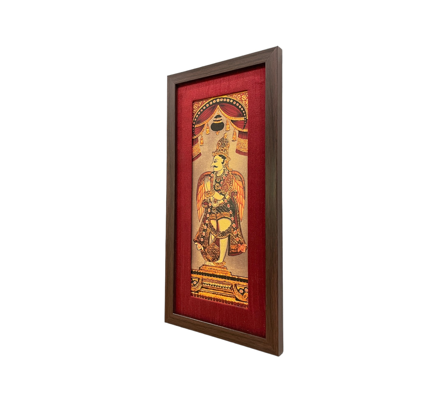 Divine Grace: God Garuda's Majestic Depiction in Red Silk With Brown Frame