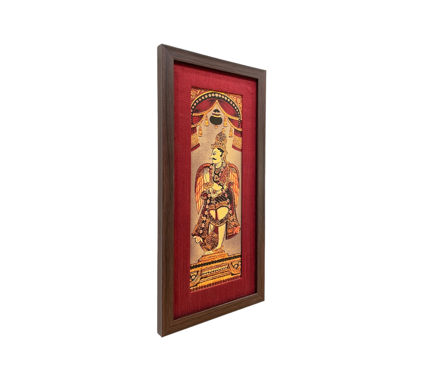 Divine Grace: God Garuda's Majestic Depiction in Red Silk With Brown Frame