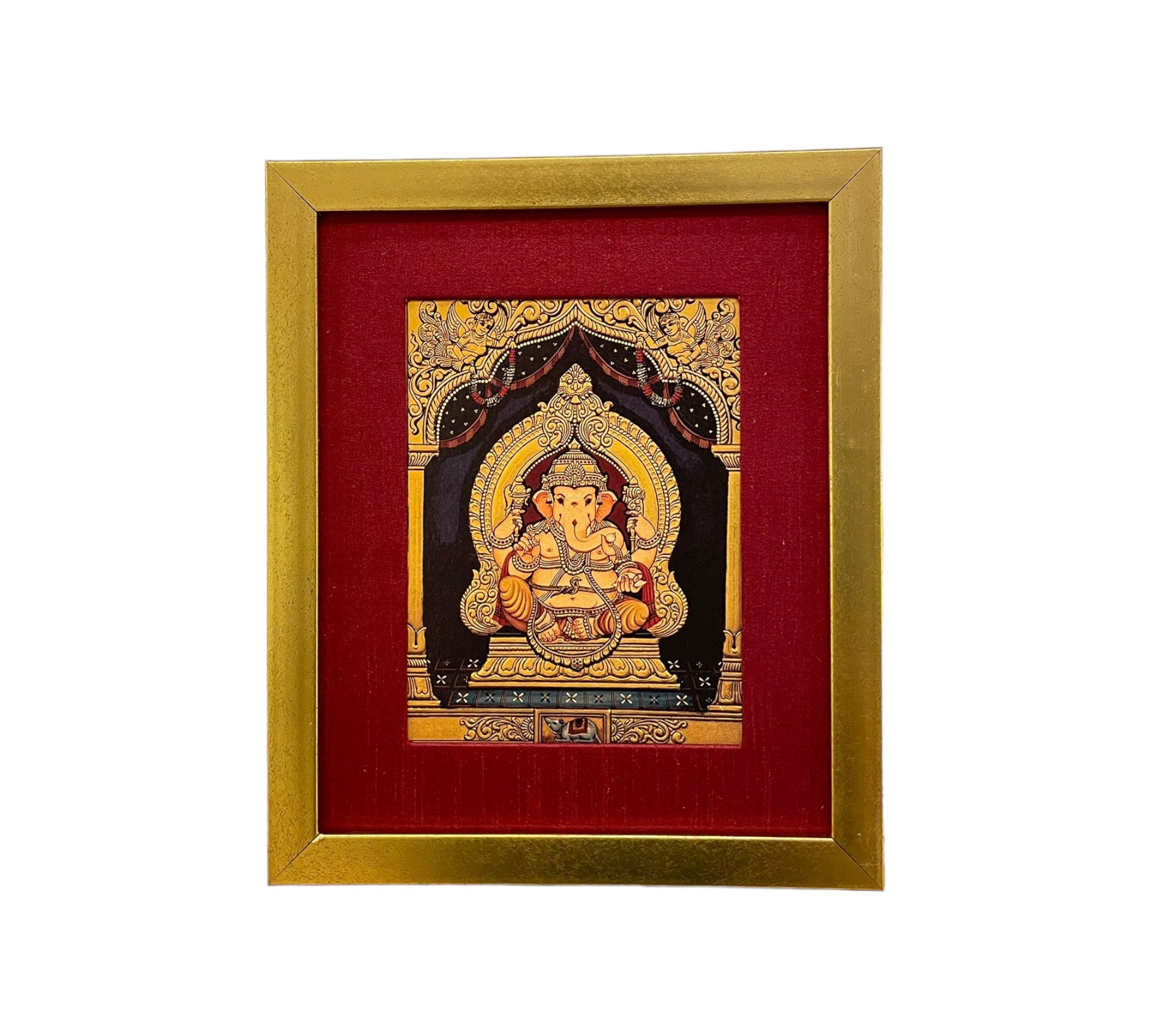 Shri Ganesha Gold Leafed Artwork in Red silk with Gold Frame