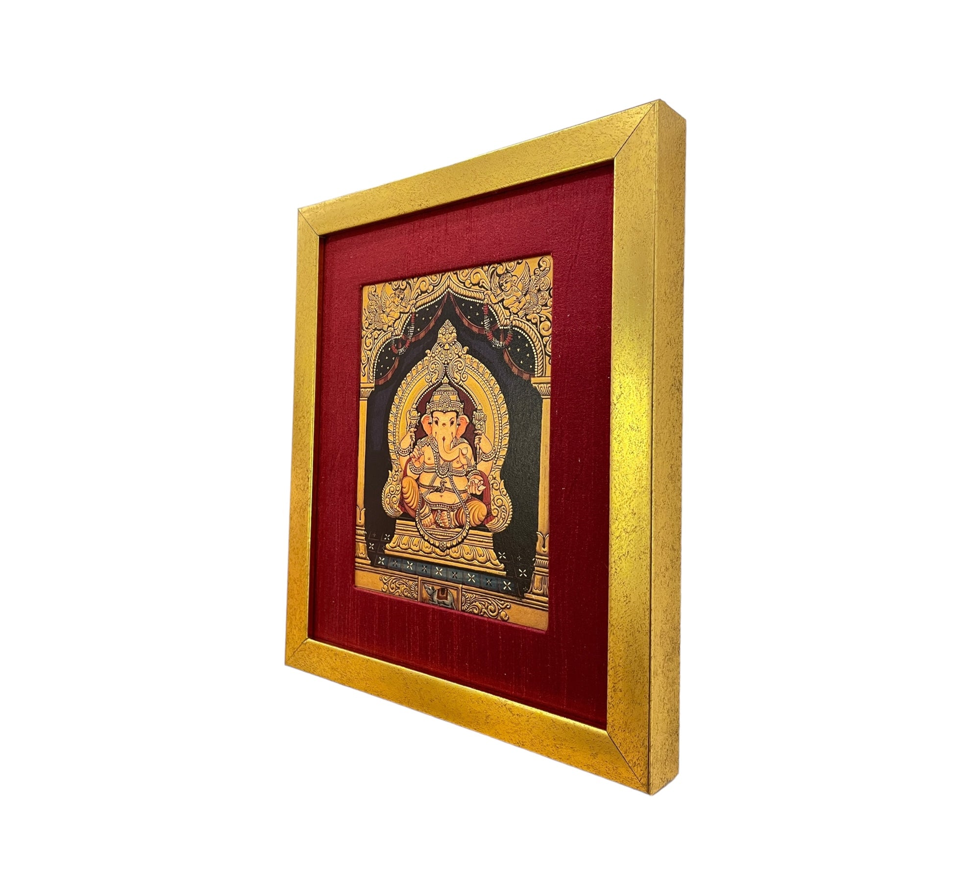Shri Ganesha Gold Leafed Artwork in Red silk with Gold Frame