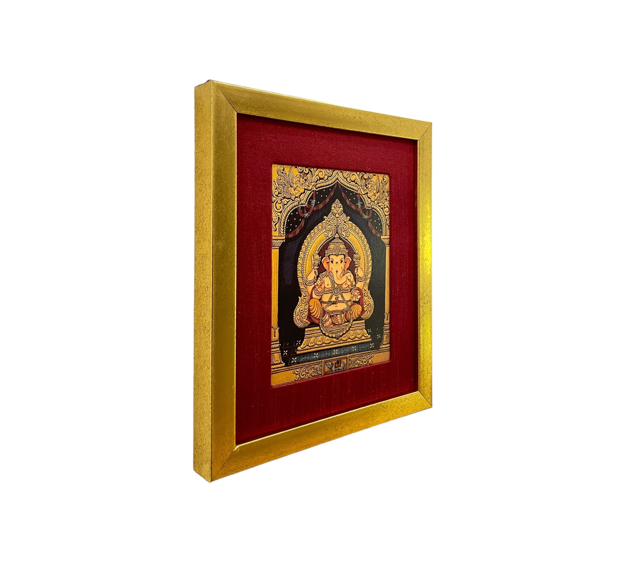 Shri Ganesha Gold Leafed Artwork in Red silk with Gold Frame