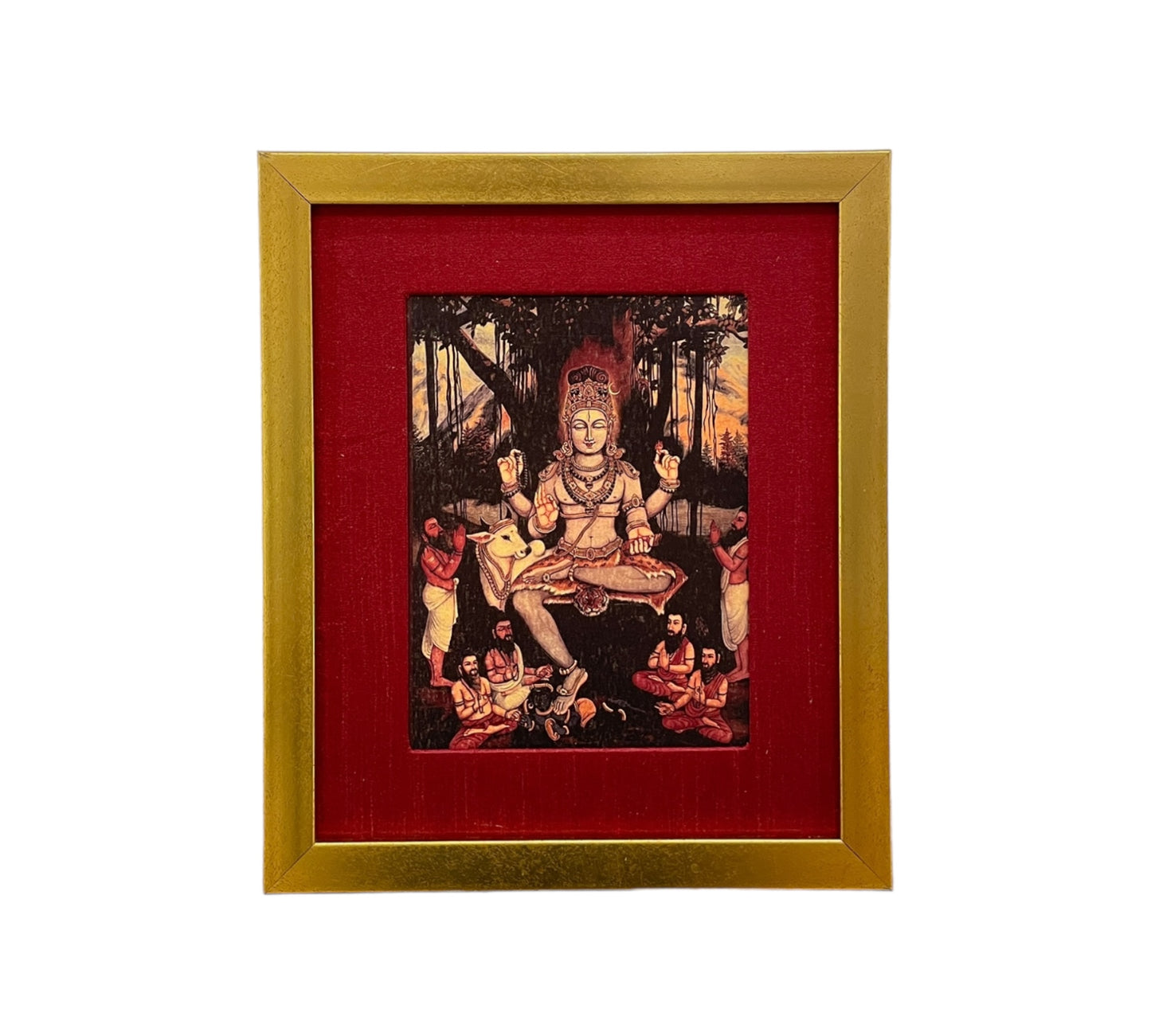 Sacred Illumination: Dakshina Murthy's Wisdom in Red silk with Gold Frame