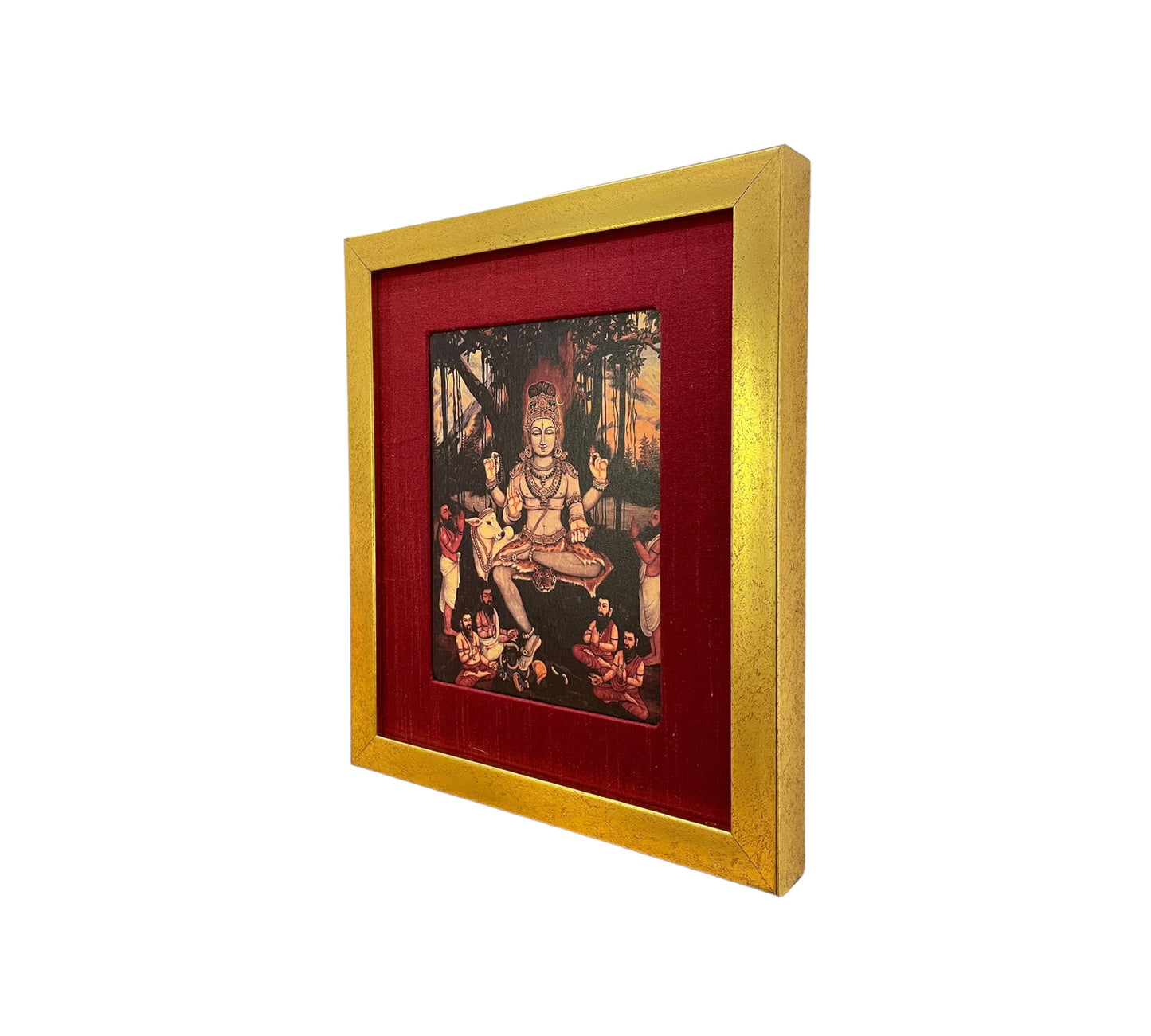 Sacred Illumination: Dakshina Murthy's Wisdom in Red silk with Gold Frame