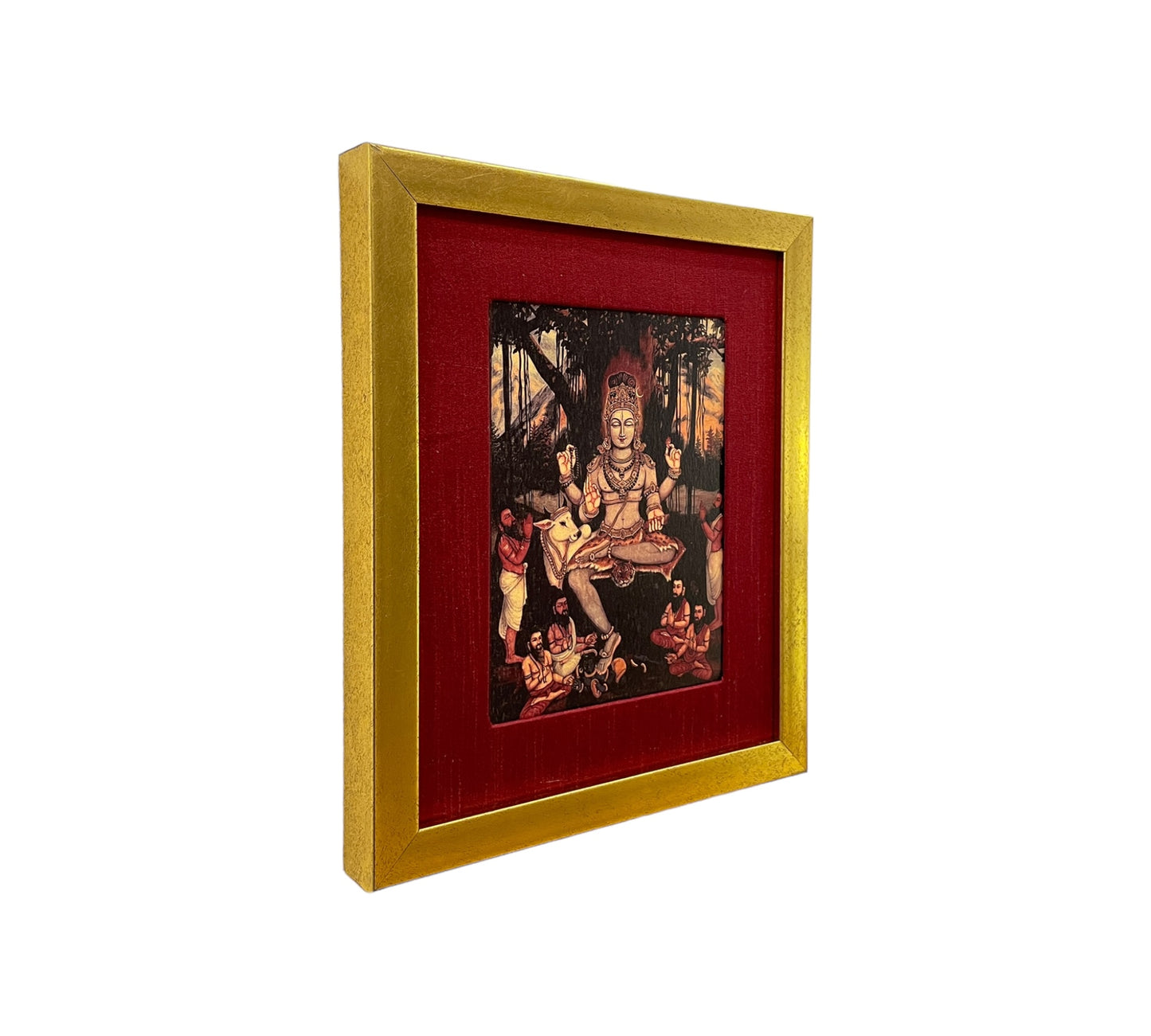 Sacred Illumination: Dakshina Murthy's Wisdom in Red silk with Gold Frame