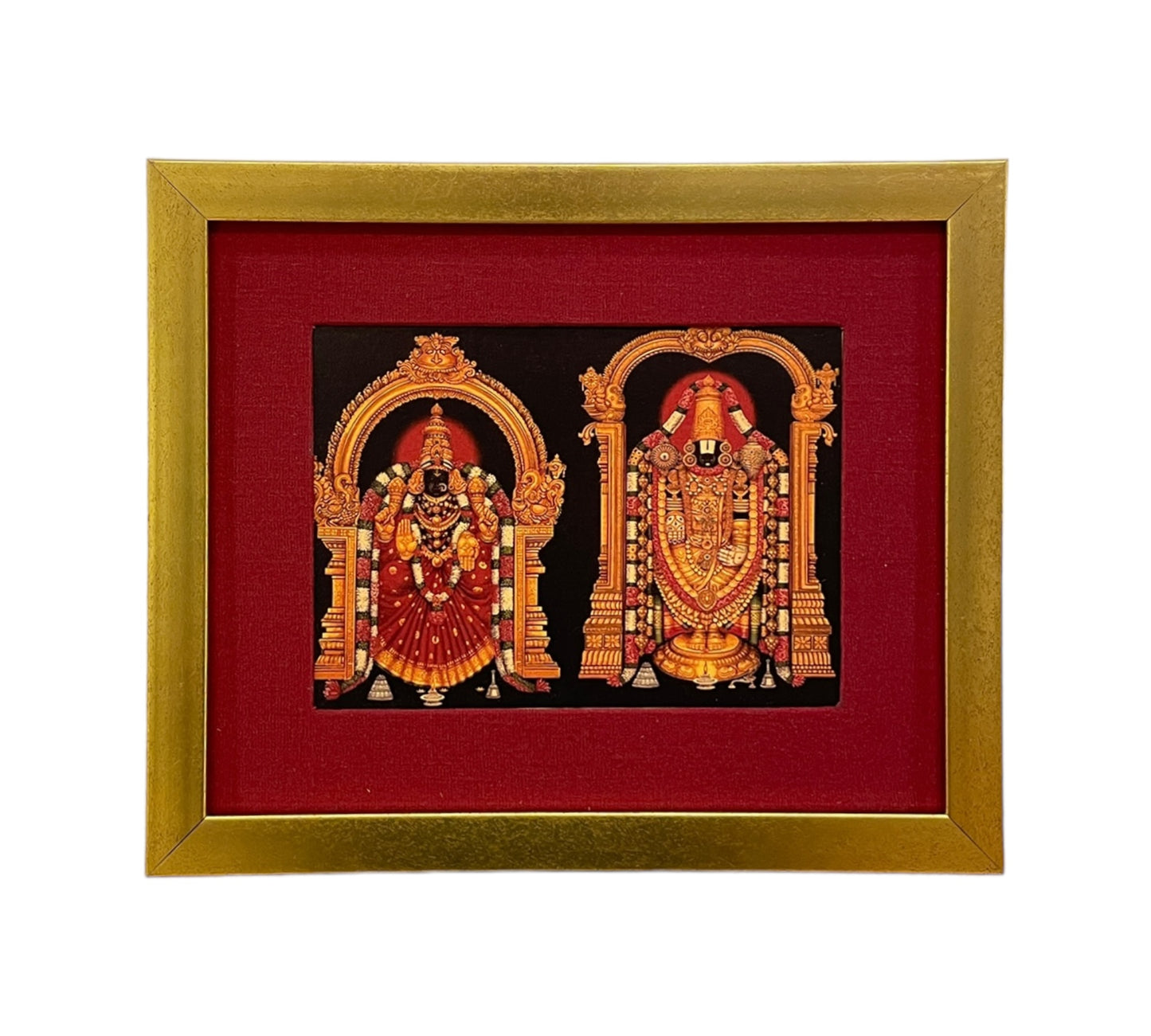 Divine Depiction of God Venkateswara and Goddess Padmavathi in Red Silk With Gold Frame