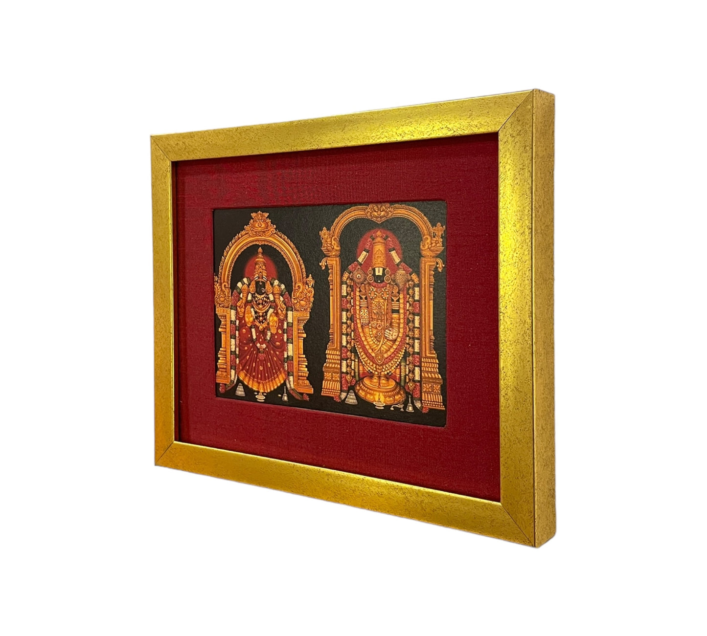 Divine Depiction of God Venkateswara and Goddess Padmavathi in Red Silk With Gold Frame