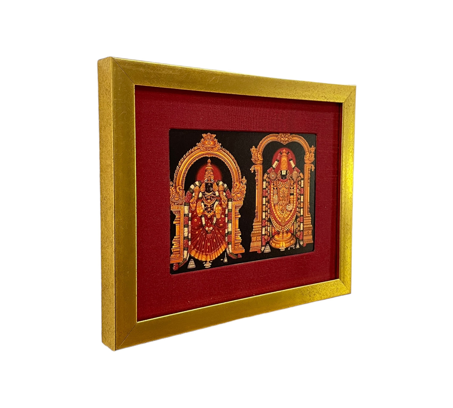 Divine Depiction of God Venkateswara and Goddess Padmavathi in Red Silk With Gold Frame