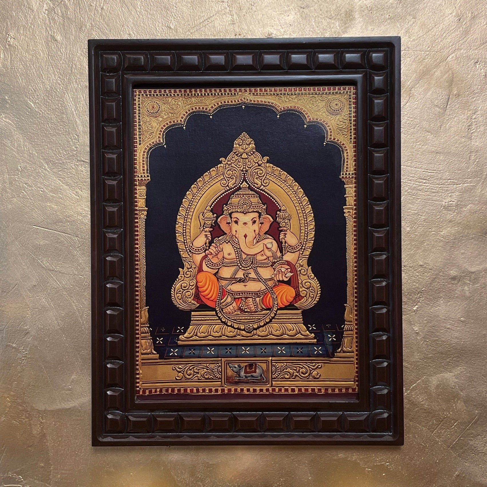 Shri Ganesha -5 Gold Leafed Artwork with Polished Engineered Wooden Frame