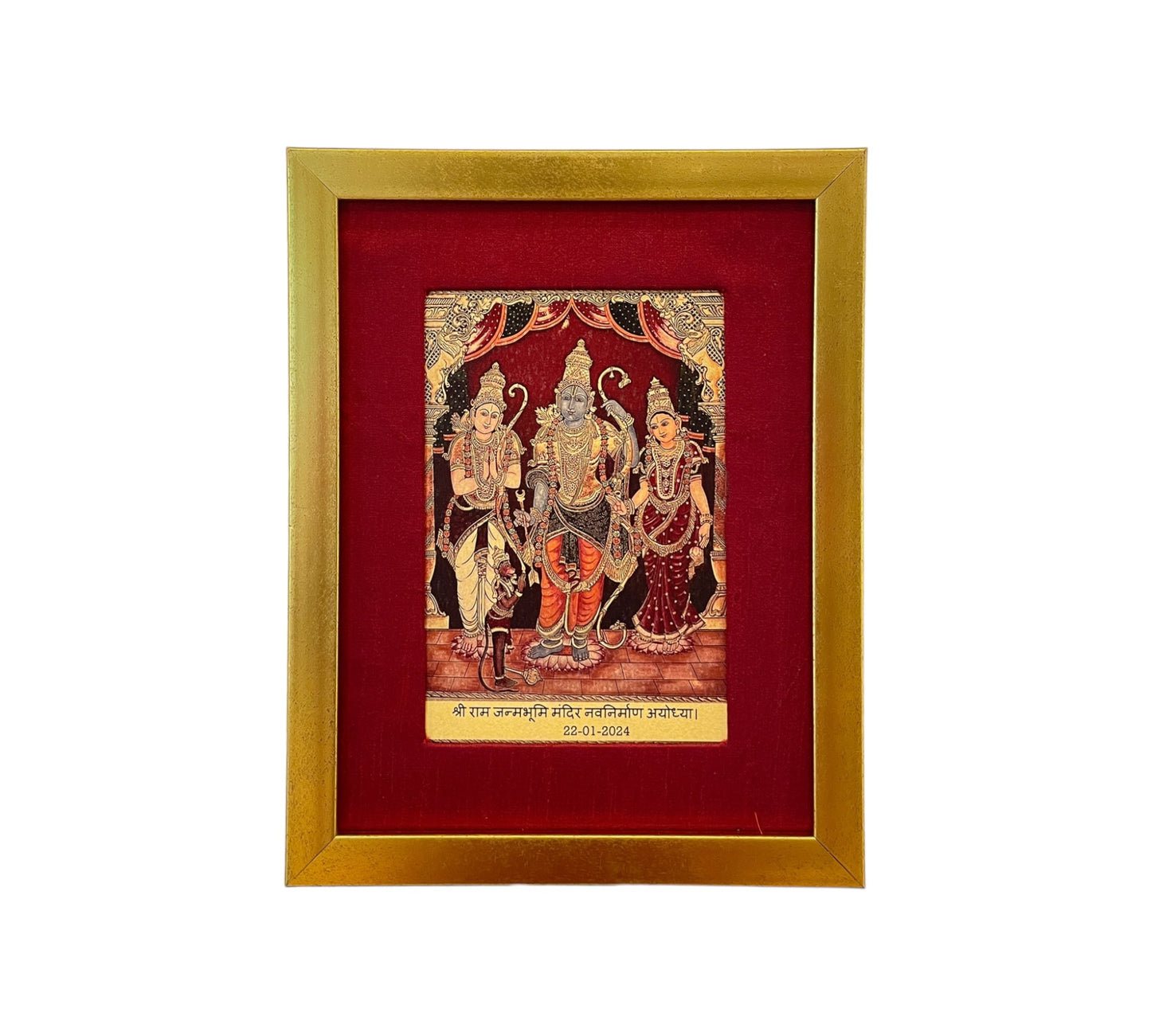 Rama,Sita,Lakshmana & Hanuman in Red Silk With Gold Frame