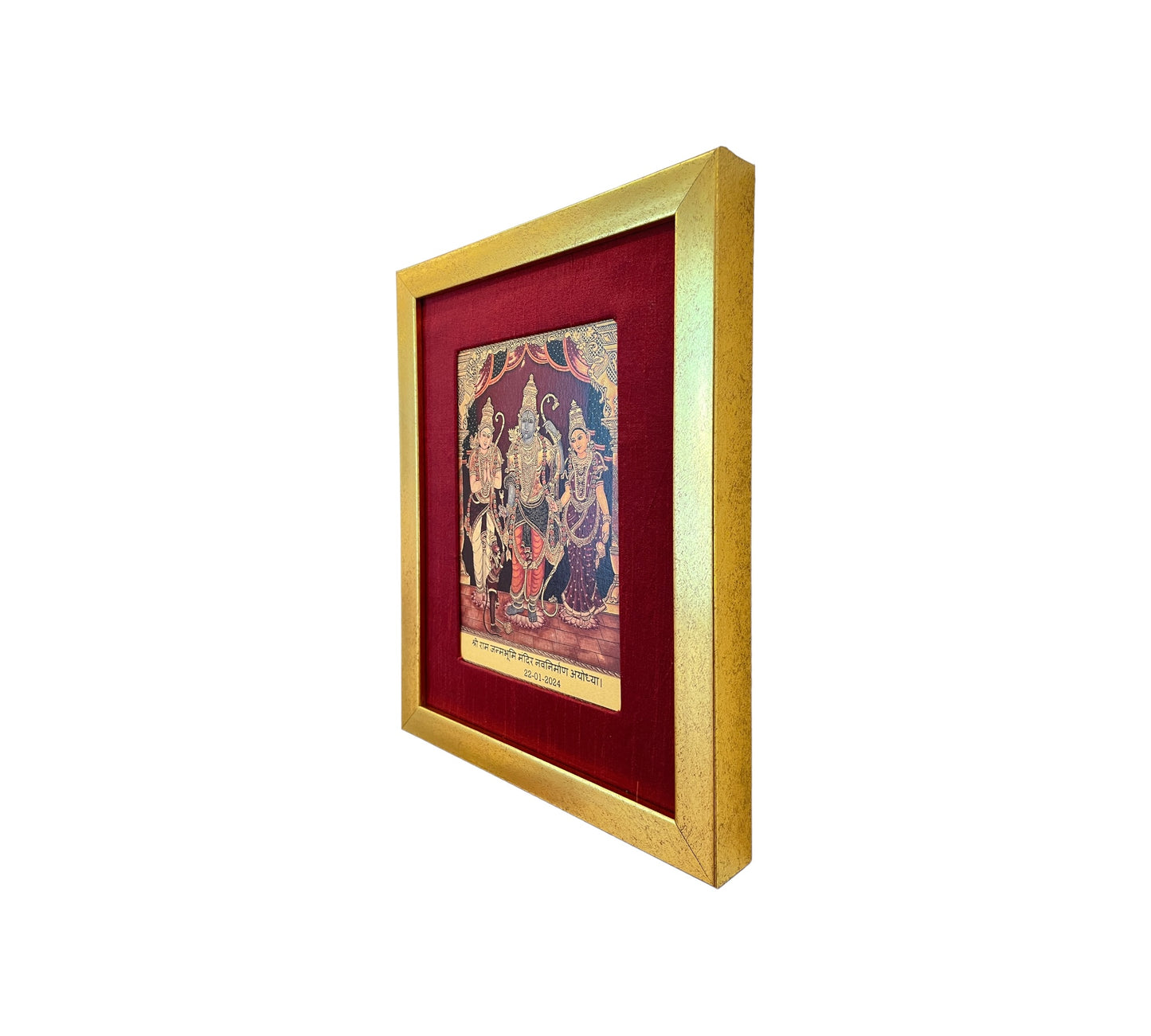 Rama,Sita,Lakshmana & Hanuman in Red Silk With Gold Frame