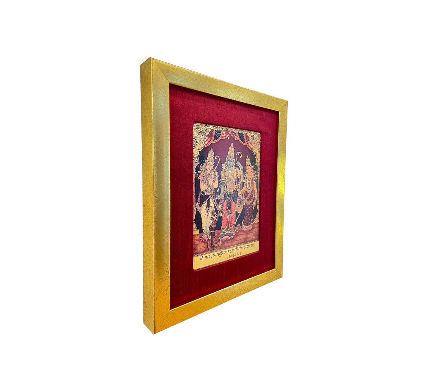 Rama,Sita,Lakshmana & Hanuman in Red Silk With Gold Frame