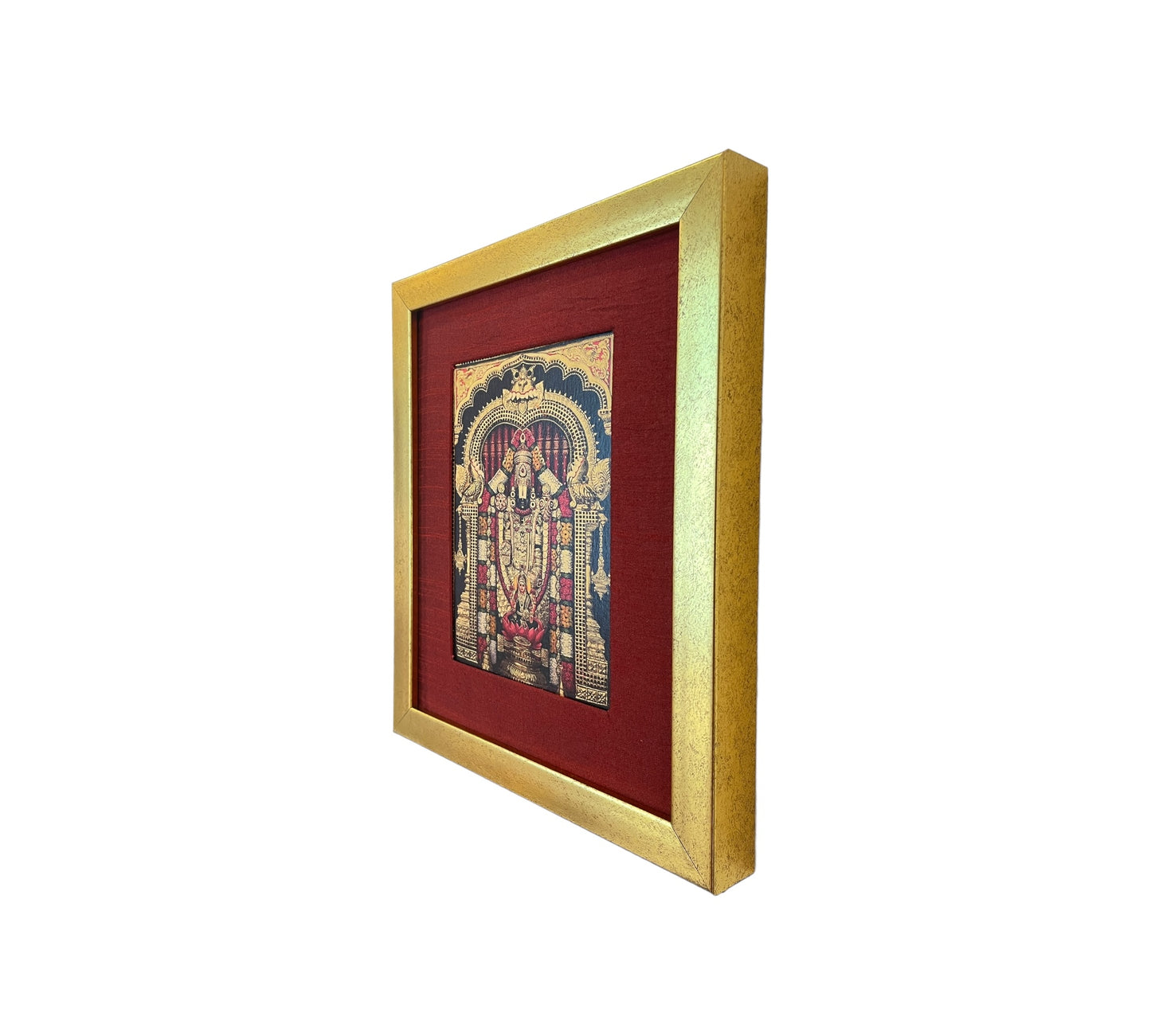 The Divine Presence of God Tirupati Balaji in Red Silk with Gold Frame