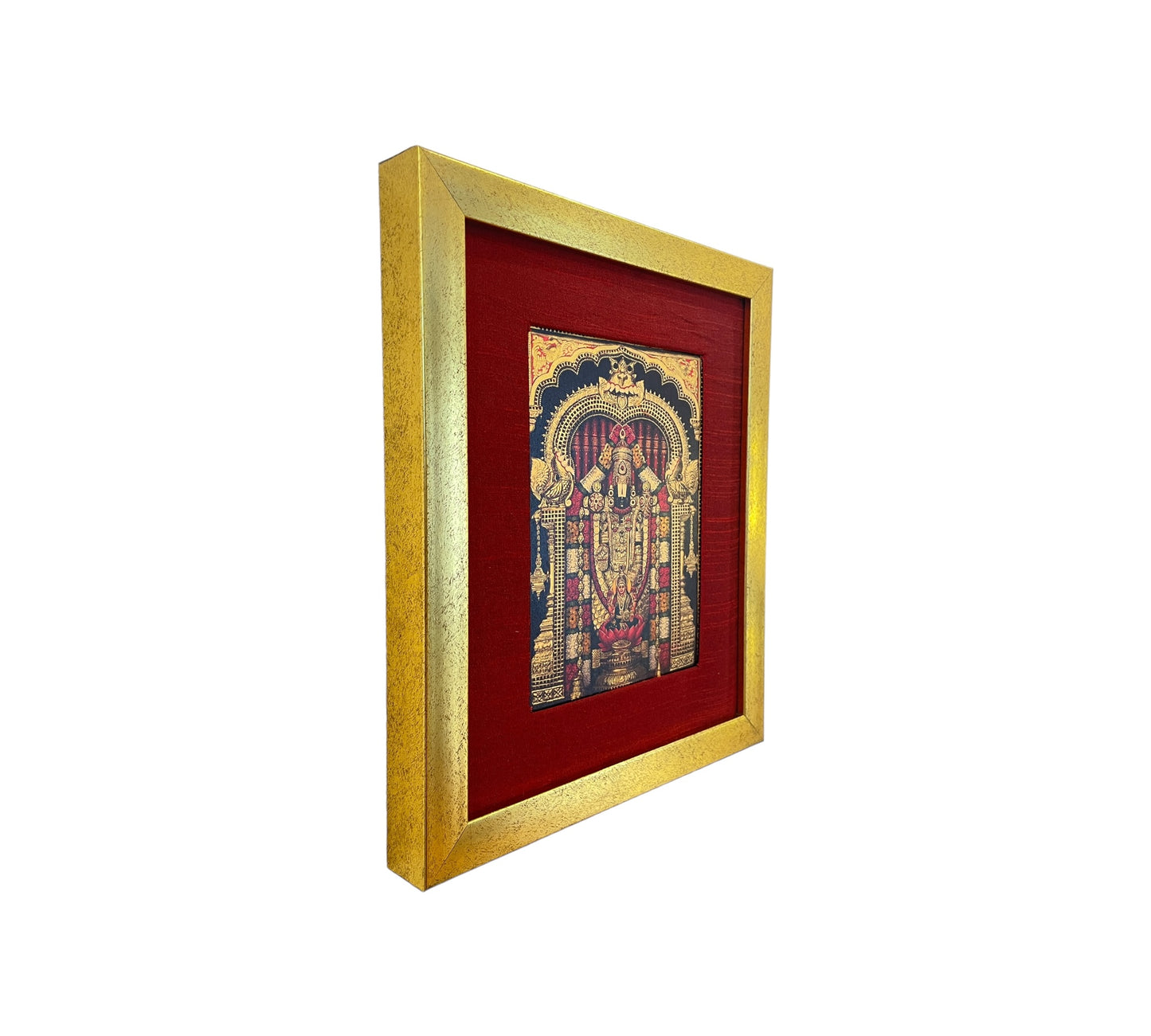 The Divine Presence of God Tirupati Balaji in Red Silk with Gold Frame