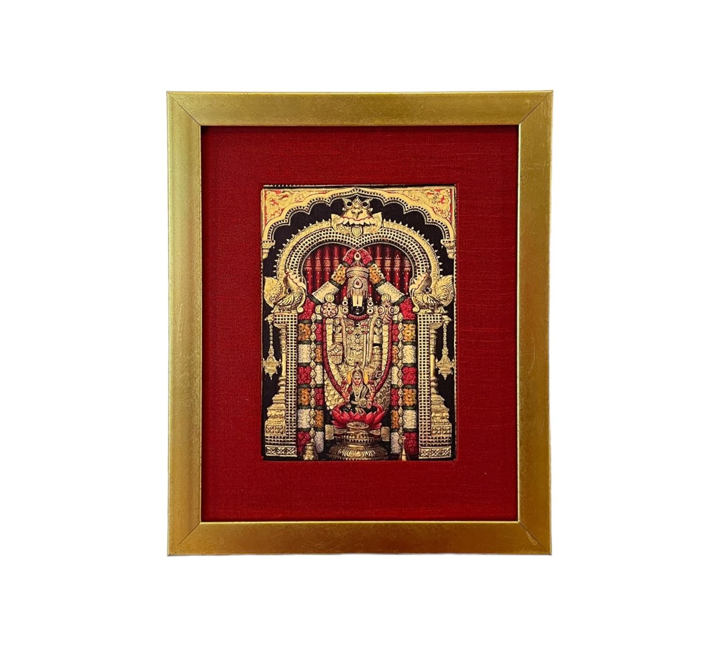 The Divine Presence of God Tirupati Balaji in Red Silk with Gold Frame