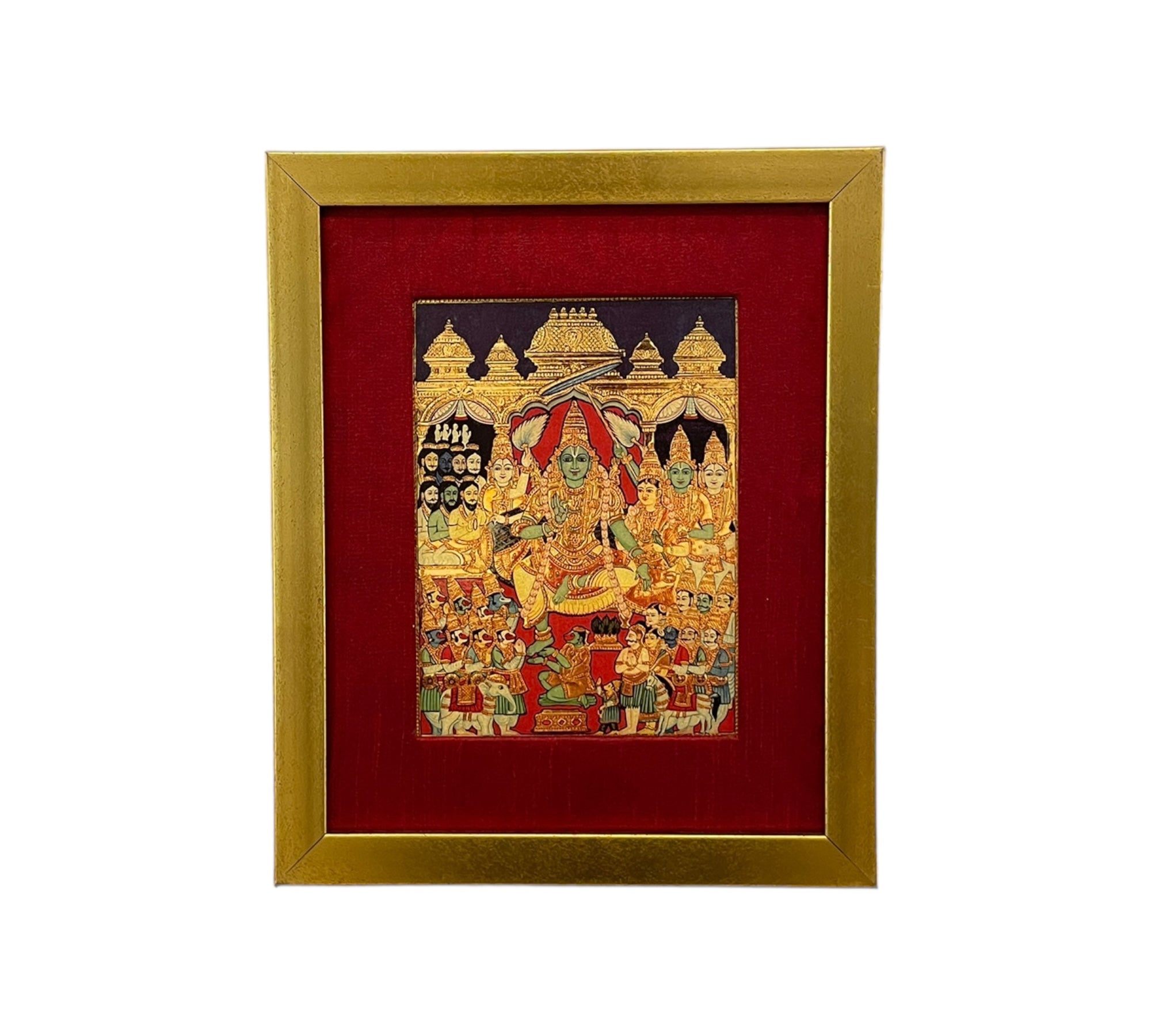 Sri Ram Pattabisekham, the Coronation ceremony photo on a gold leafed paper with red wine silk gold frame