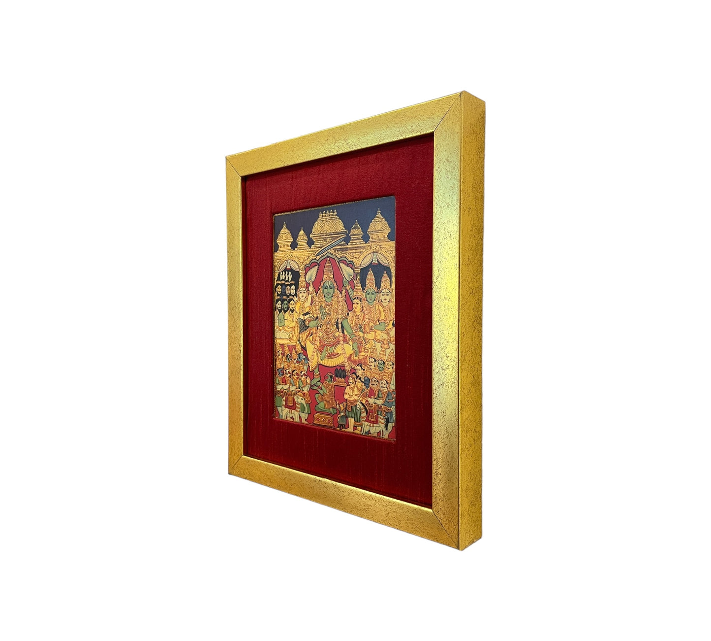 Sri Ram Pattabisekham, the Coronation ceremony photo on a gold leafed paper with red wine silk gold frame