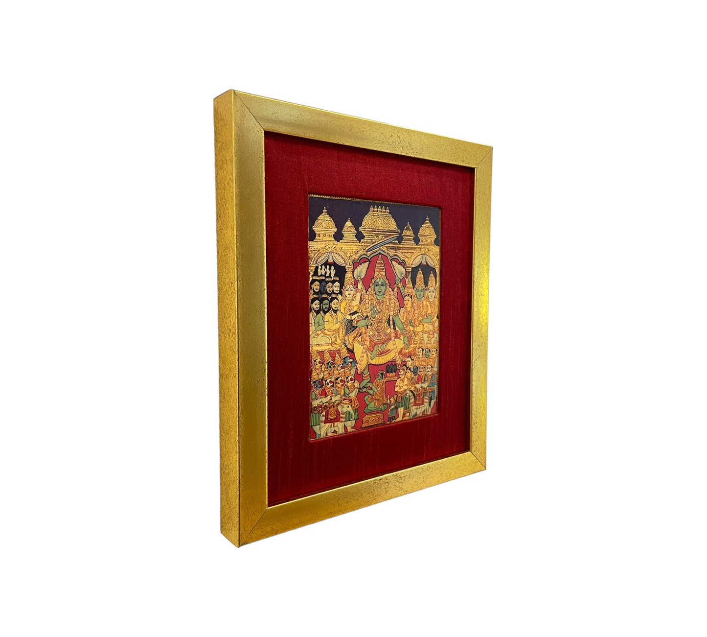 Sri Ram Pattabisekham, the Coronation ceremony photo on a gold leafed paper with red wine silk gold frame