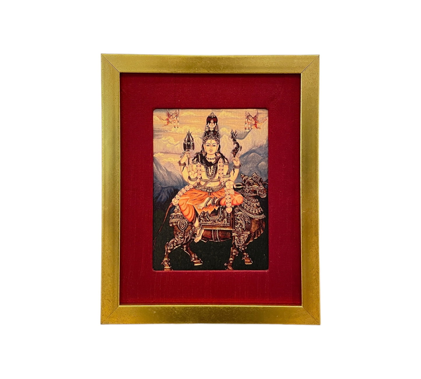 Divine Harmony: Shiva on Nandi in Resplendent Red Silk with Gold Frame