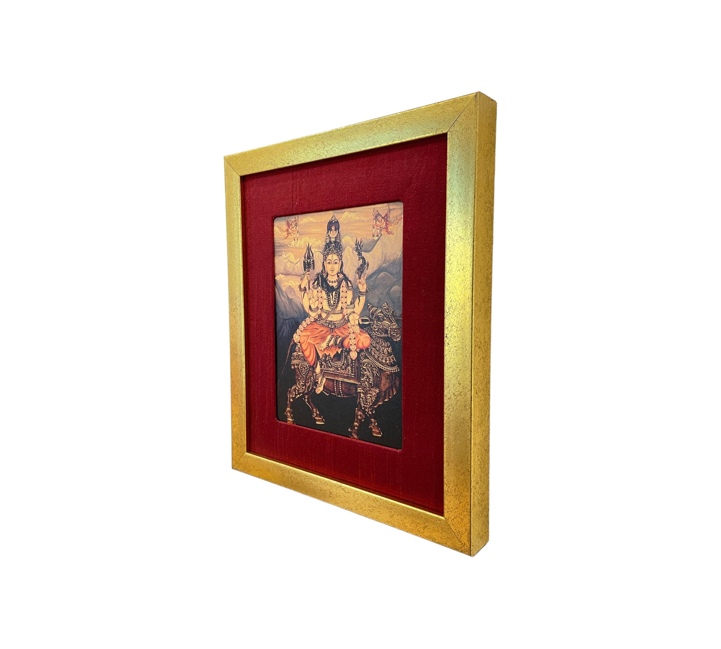 Divine Harmony: Shiva on Nandi in Resplendent Red Silk with Gold Frame