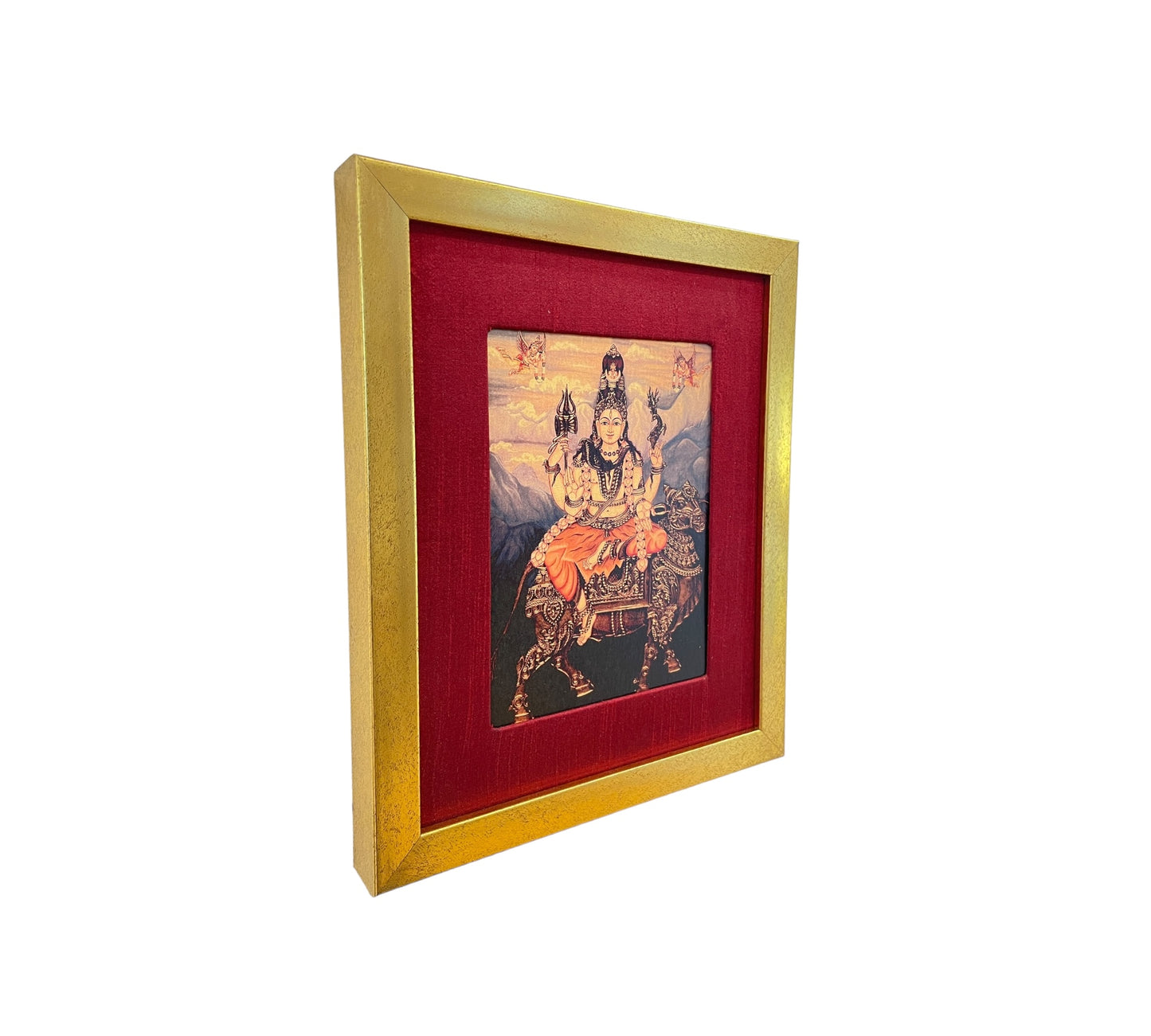 Divine Harmony: Shiva on Nandi in Resplendent Red Silk with Gold Frame