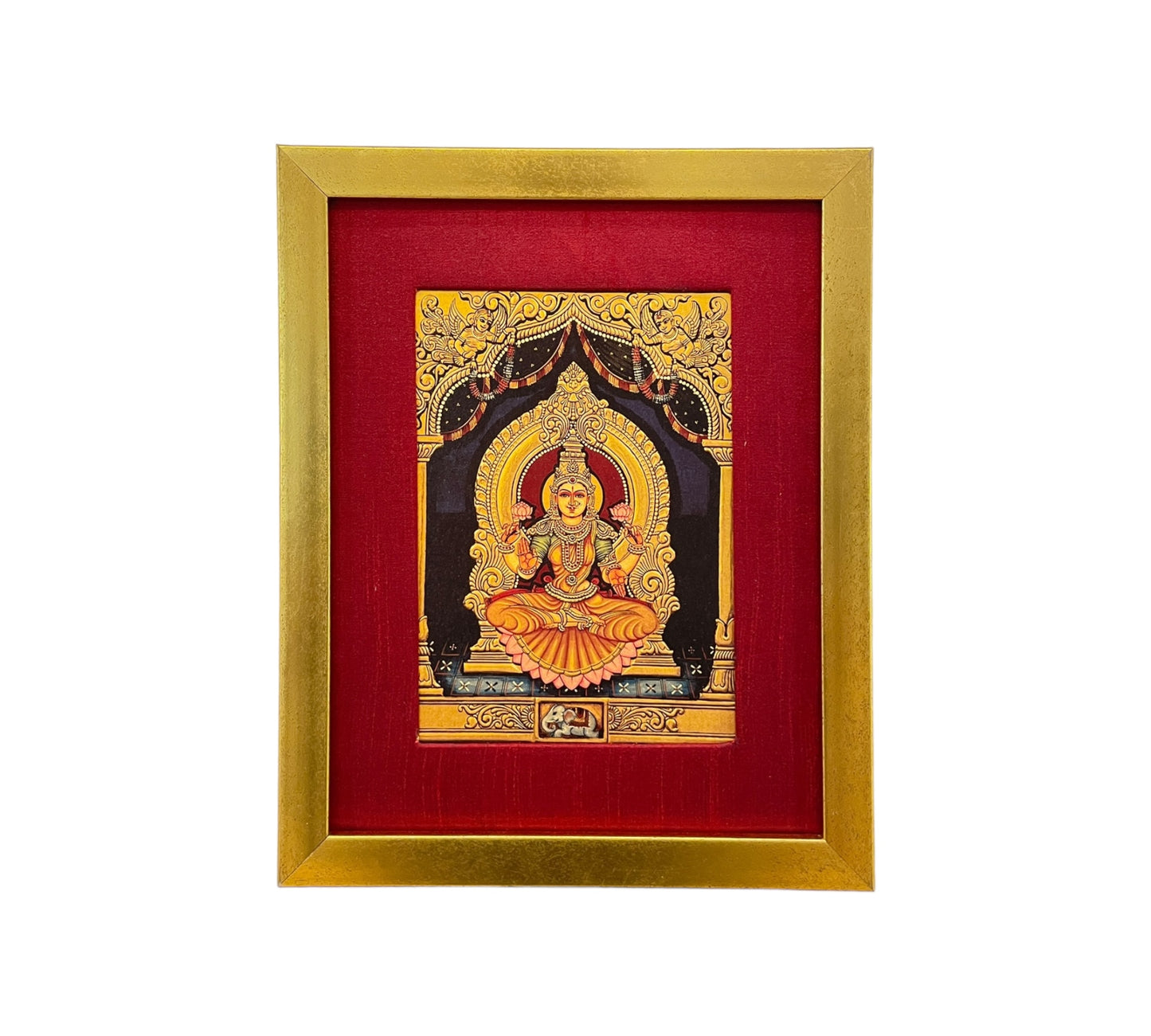 Radiant Elegance: Lakshmi Devi's Divine Presence in Red Silk with Gold Frame