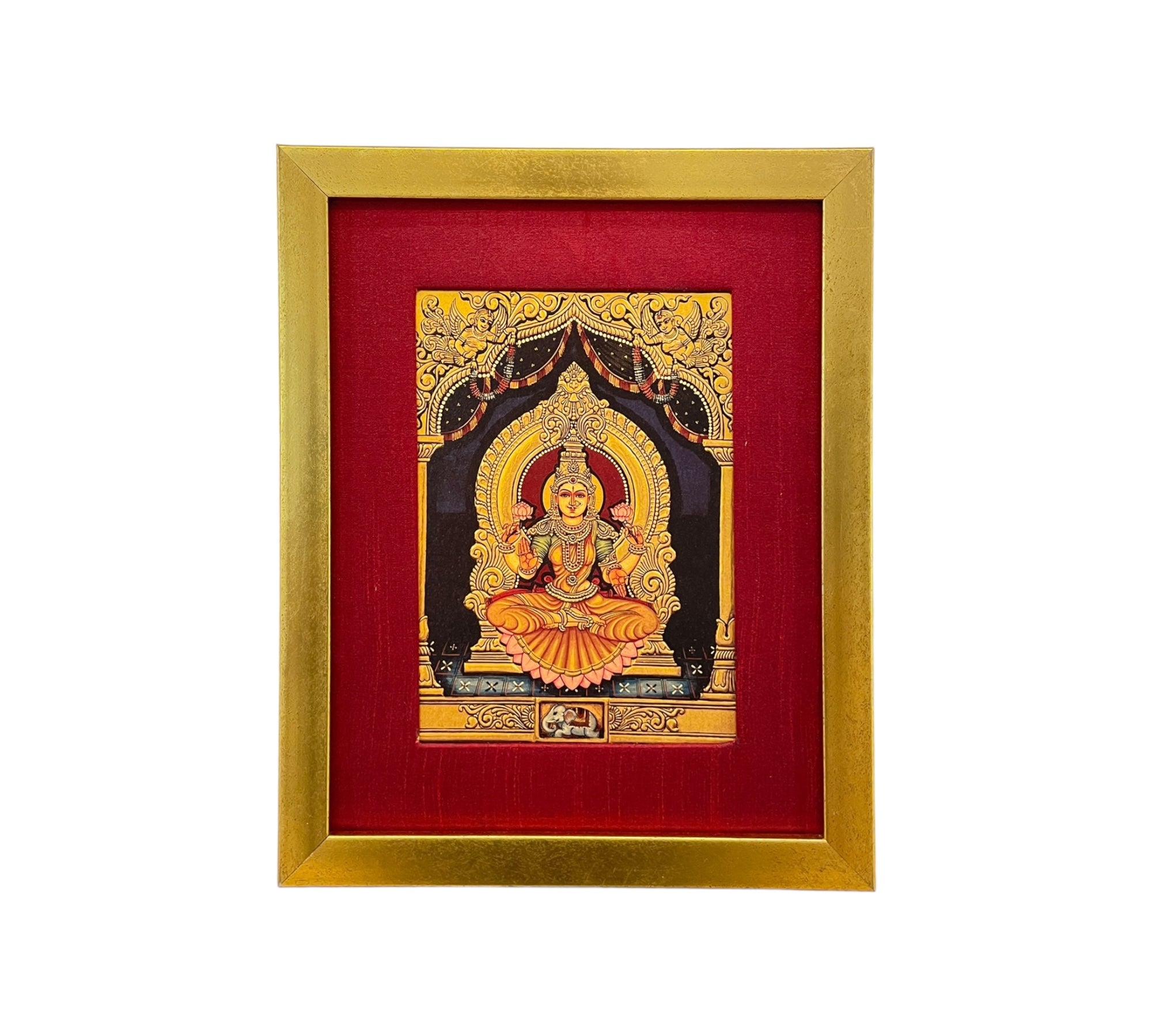 Lakshmi Gold Leafed Artwork in Red Silk with Gold Frame