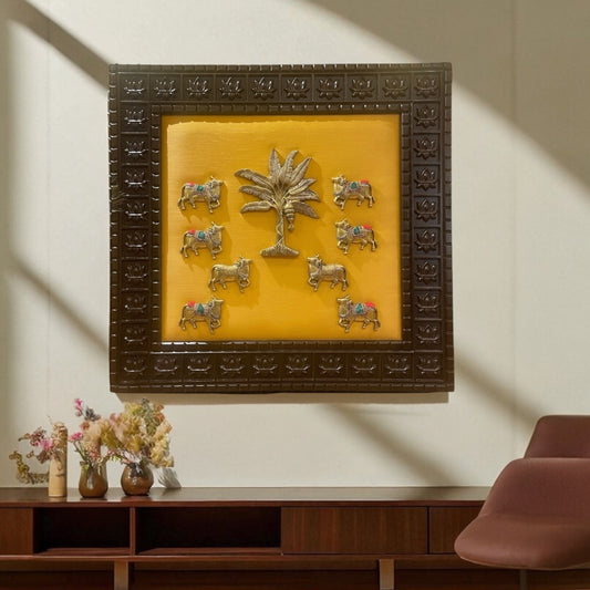 Brass Banana Tree With 8 Kamdhenu on Golden Silk in Lotus Wooden Frame