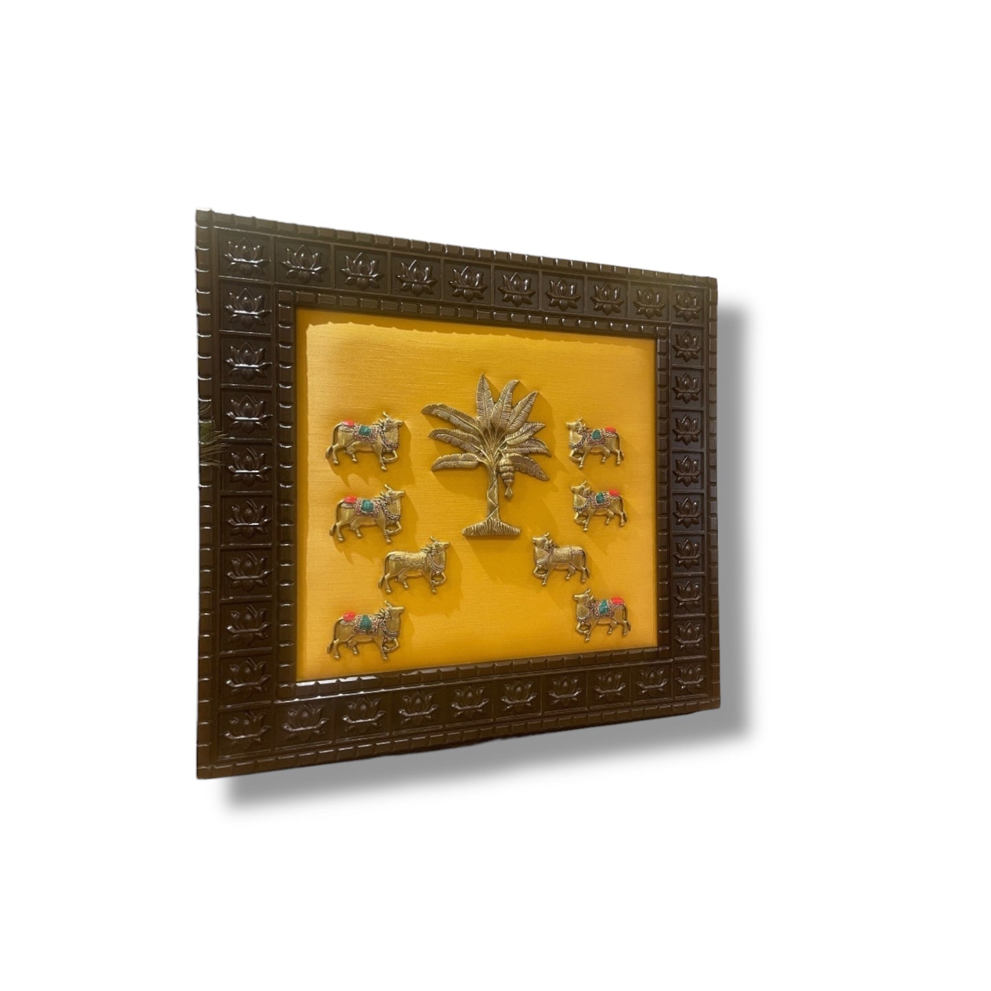Brass Banana Tree With 8 Kamdhenu on Golden Silk in Lotus Wooden Frame