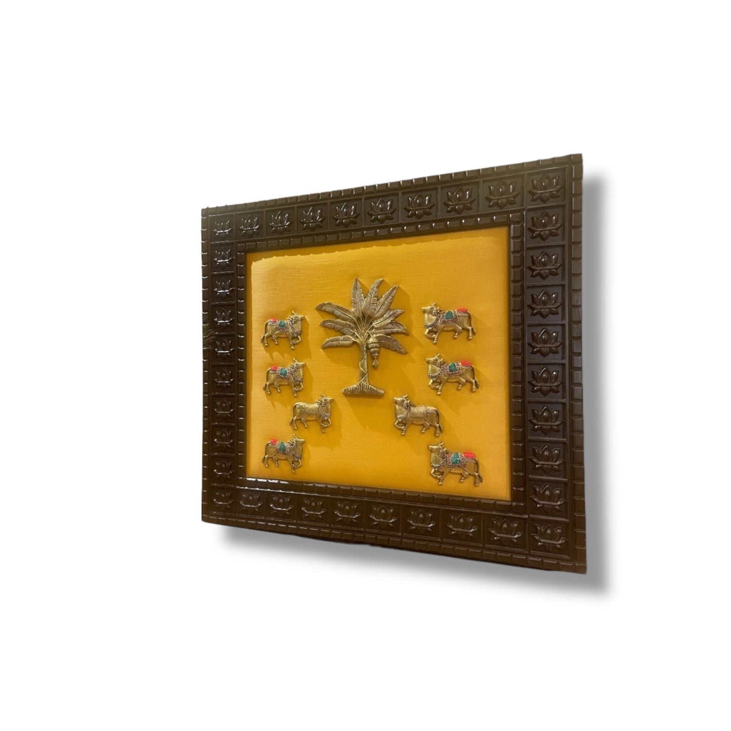 Brass Banana Tree With 8 Kamdhenu on Golden Silk in Lotus Wooden Frame