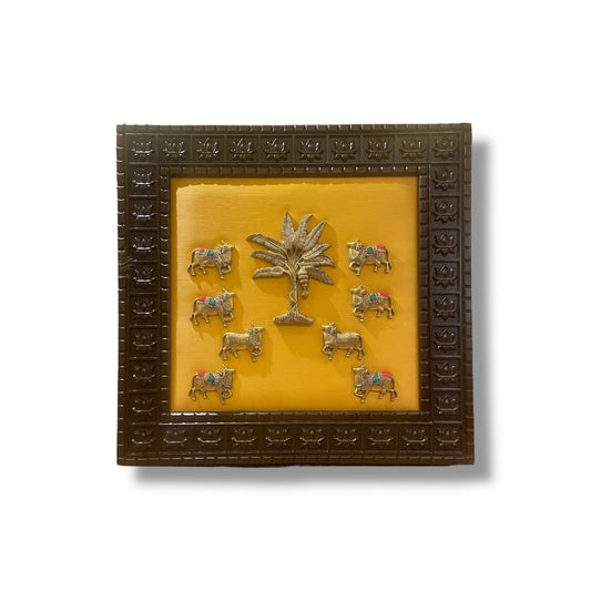 Brass Banana Tree With 8 Kamdhenu on Golden Silk in Lotus Wooden Frame