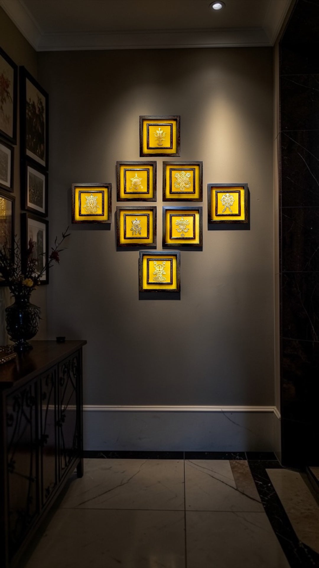 Ashtamangala Metal Wall Art Set | 8 Auspicious Symbols with Yellow Silk Backdrop.