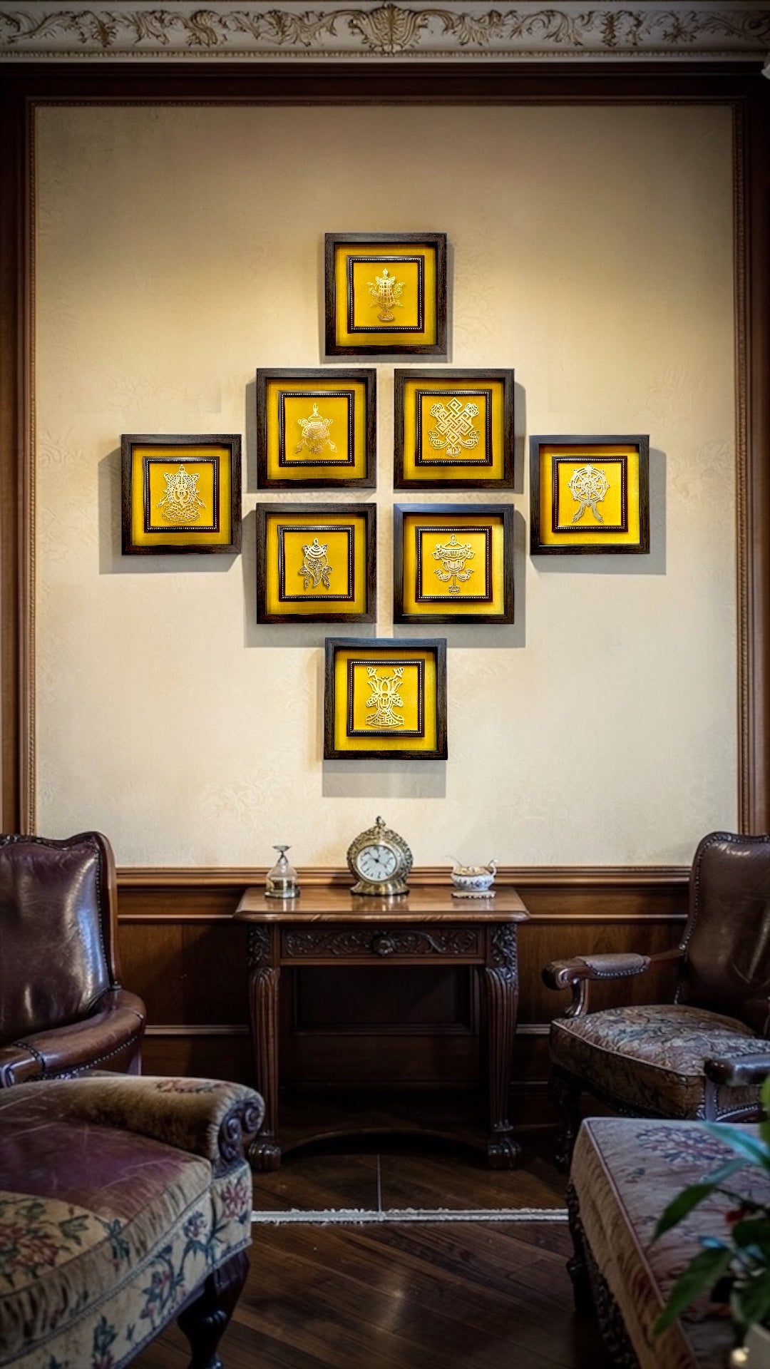 Ashtamangala Metal Wall Art Set | 8 Auspicious Symbols with Yellow Silk Backdrop.