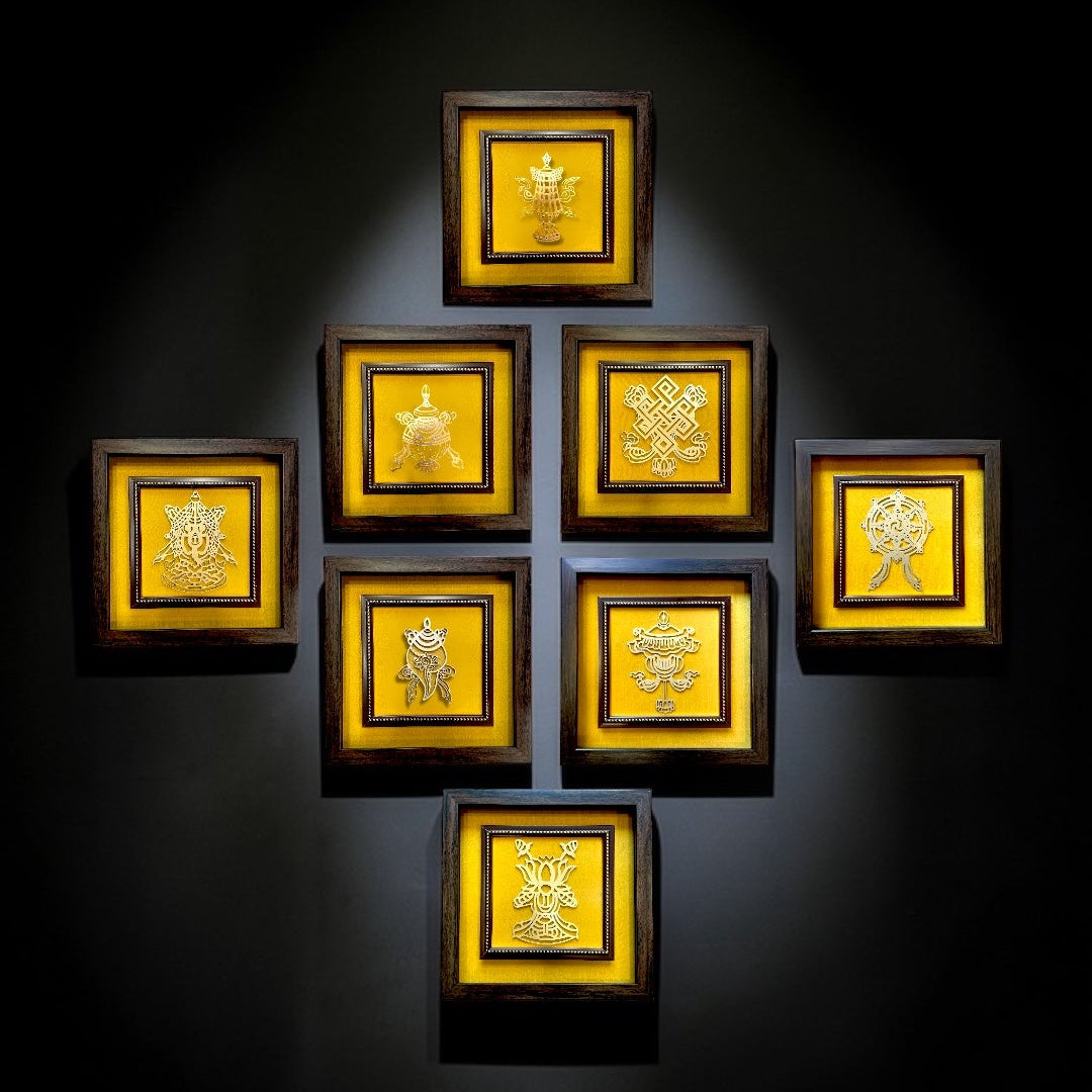 Ashtamangala Metal Wall Art Set | 8 Auspicious Symbols with Yellow Silk Backdrop.