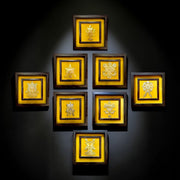 Ashtamangala Metal Wall Art Set | 8 Auspicious Symbols with Yellow Silk Backdrop.