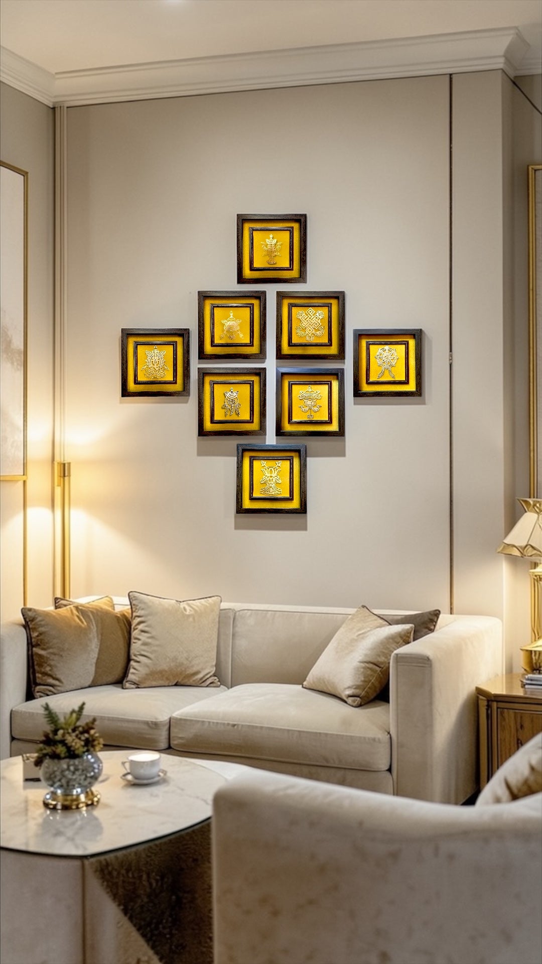 Ashtamangala Metal Wall Art Set | 8 Auspicious Symbols with Yellow Silk Backdrop.